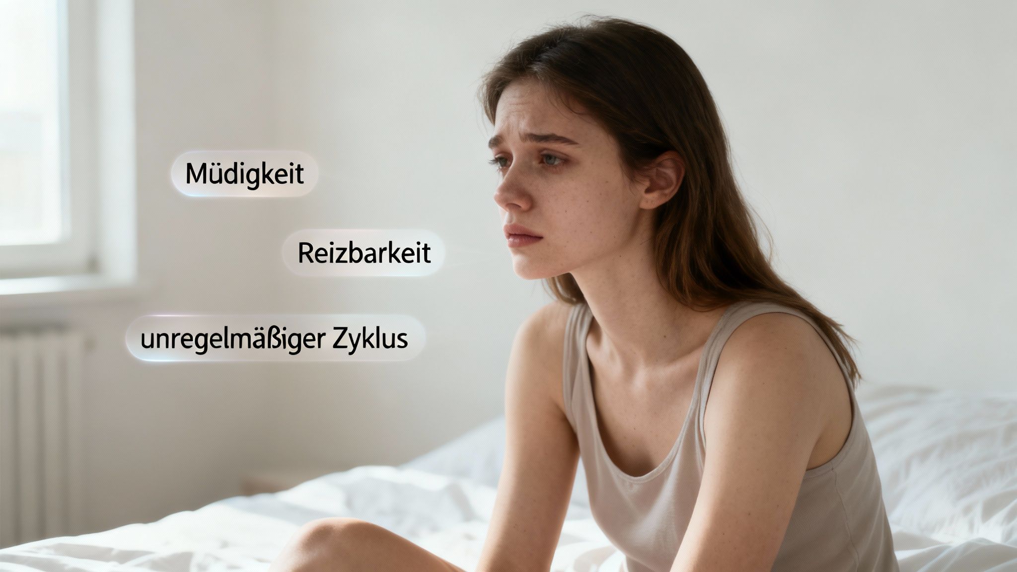Eine nachdenkliche Frau auf dem Bett, umgeben von Symptomen wie Müdigkeit, Reizbarkeit und unregelmäßigem Zyklus.