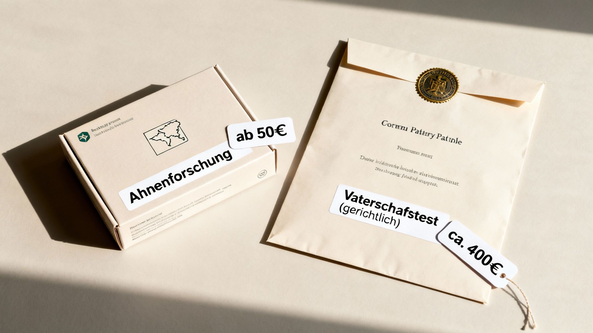 Zwei Produkte für DNA-Tests: Ahnenforschung (ab 50€) und gerichtlicher Vaterschaftstest (ca. 400€).