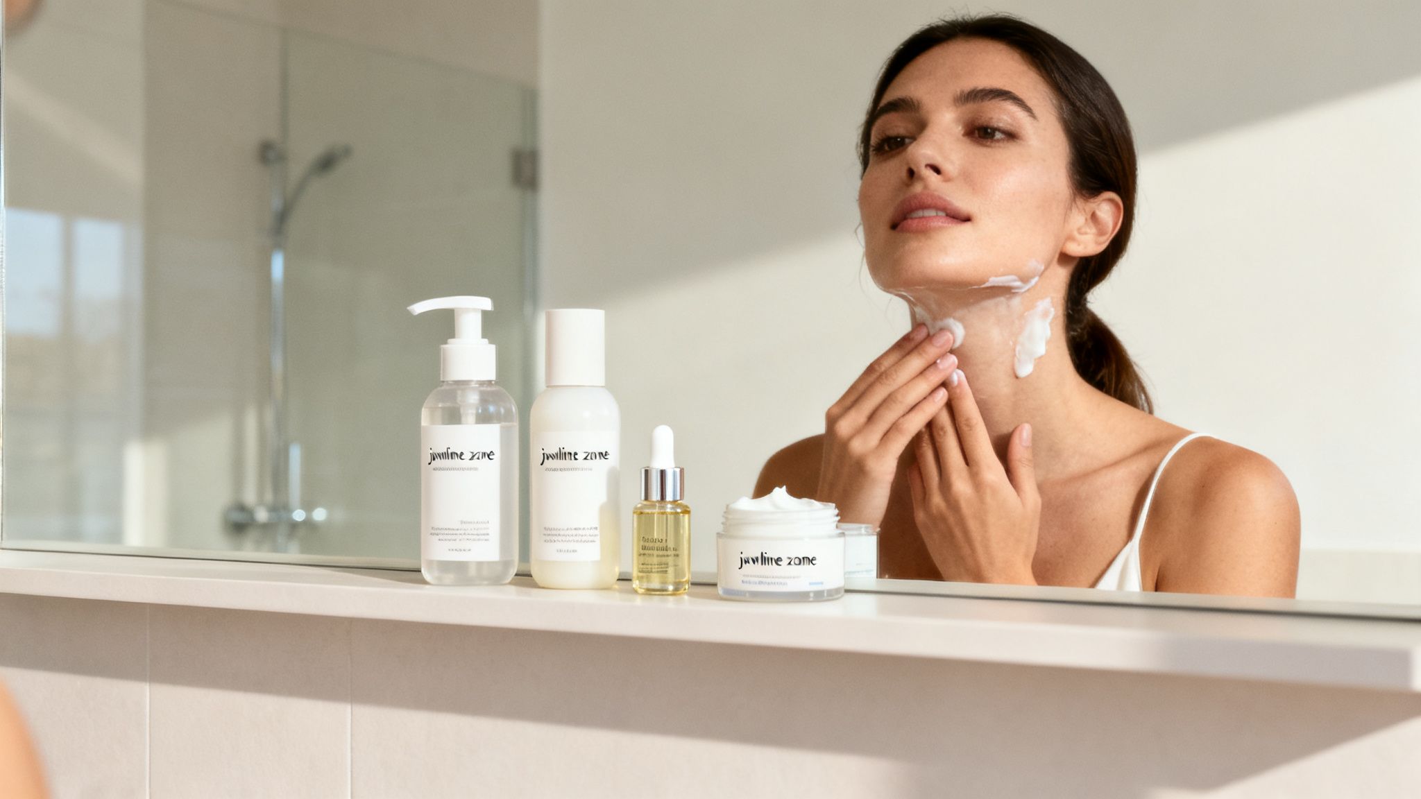 Eine Frau cremt sich vor einem Spiegel den Hals ein, daneben stehen Hautpflegeprodukte.