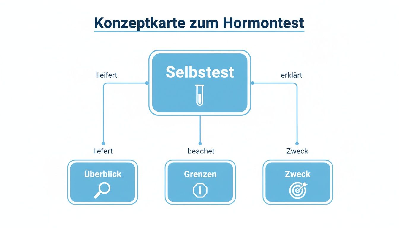 Konzeptkarte zum Hormontest, die den Selbsttest, seinen Überblick, Grenzen und Zweck darstellt.