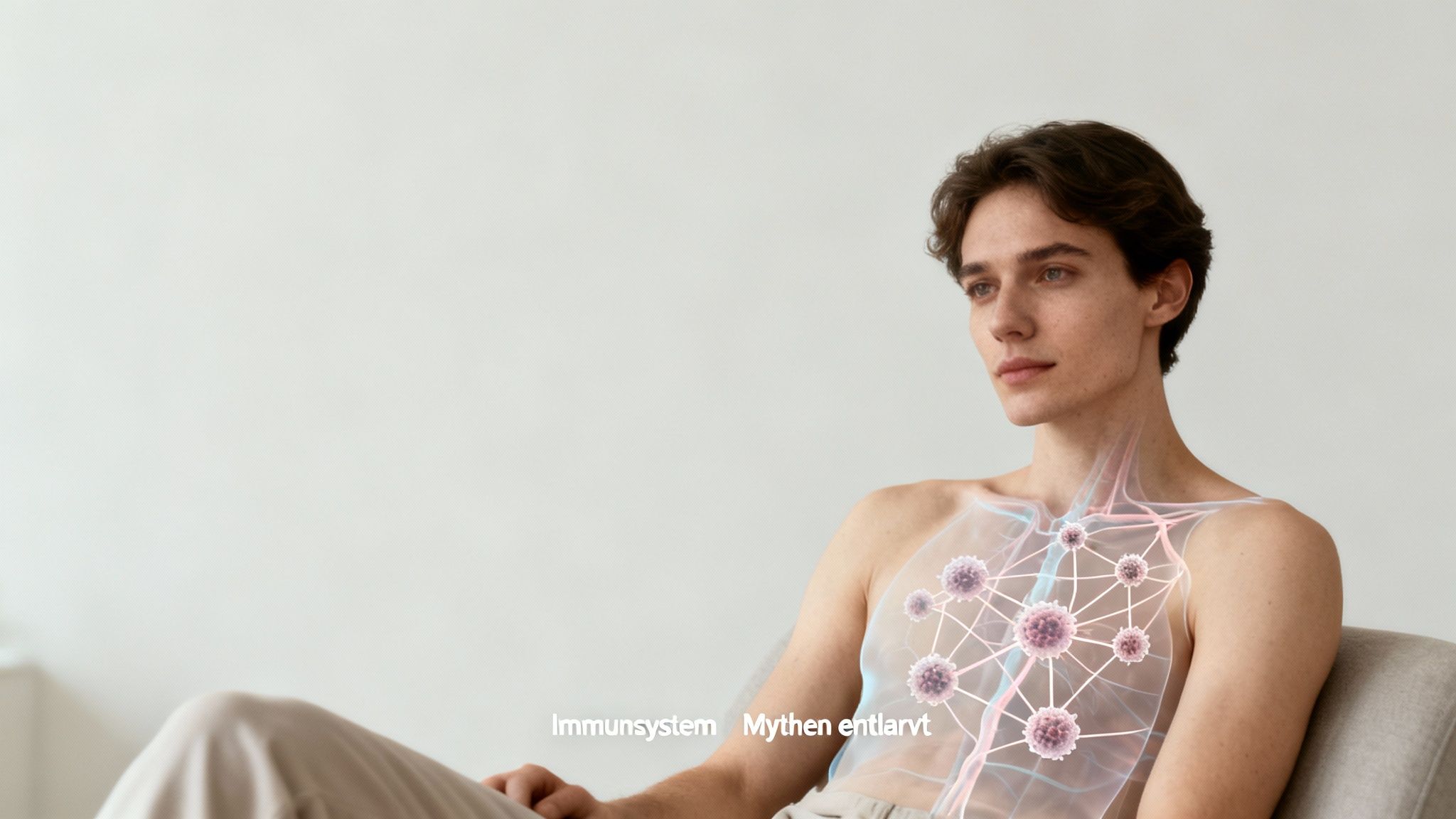 Ein junger Mann mit einer Darstellung des Immunsystems auf seiner Brust, die Mythen entlarvt.