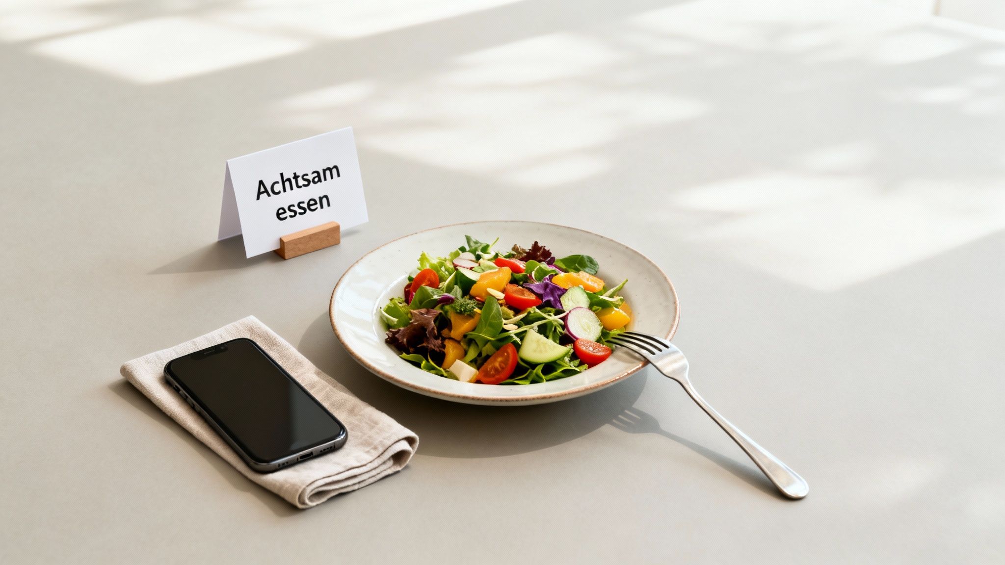 Frischer Salat auf einem Tisch mit einem Smartphone und einem Schild 'Achtsam essen' für bewusstes Genießen.