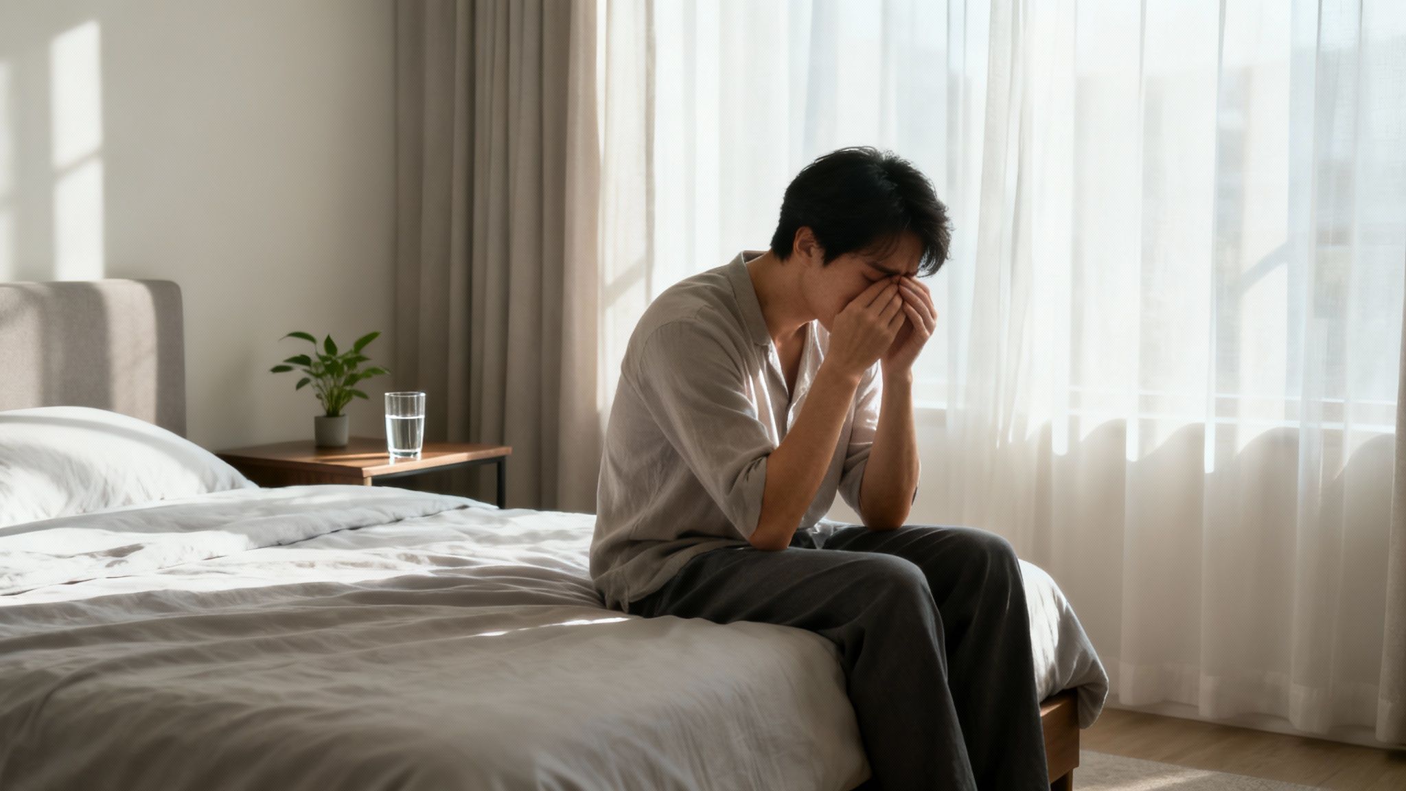 Ein müder Mann sitzt in einem Schlafzimmer auf seinem Bett und hält das Gesicht in den Händen.