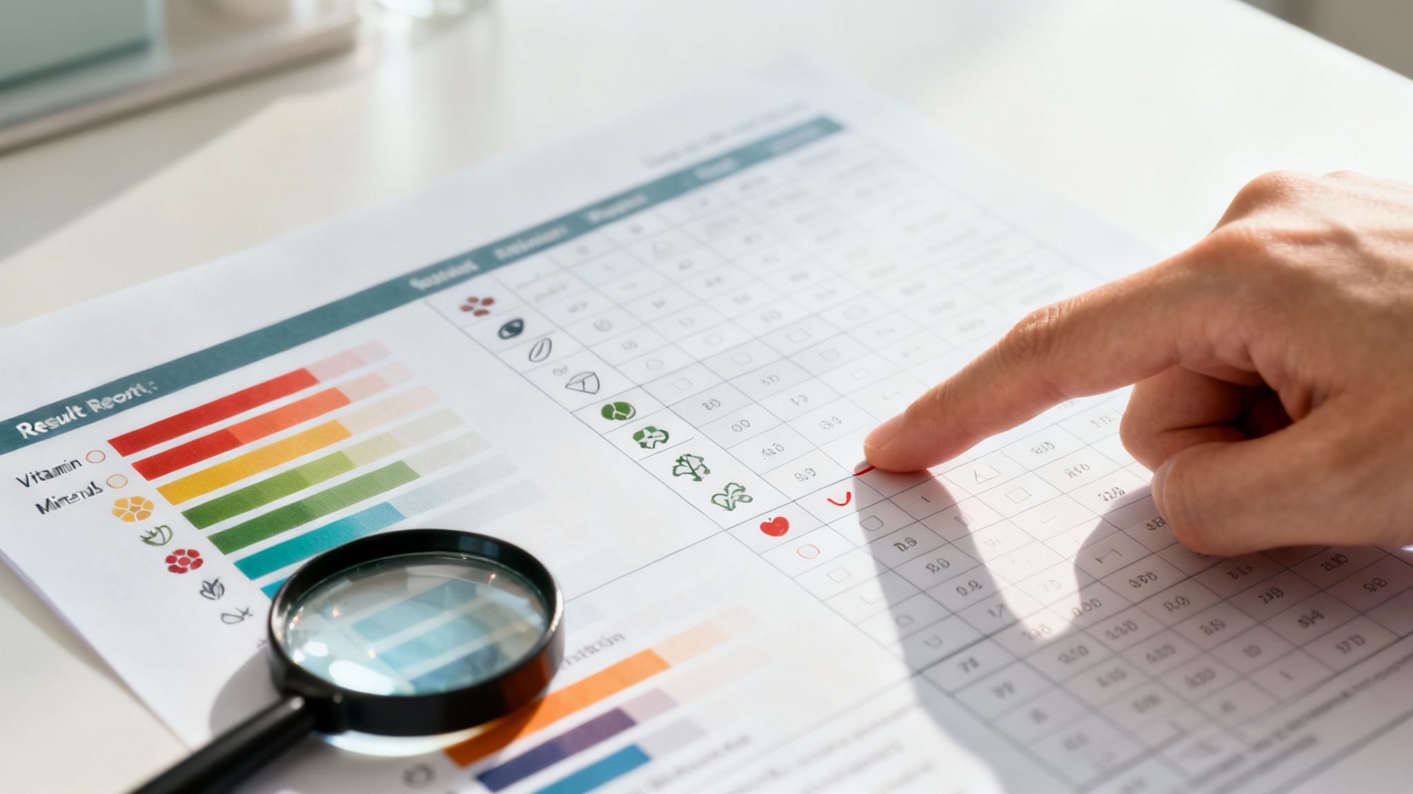 Hand zeigt auf ein Ergebnisdokument mit Nährwerttabellen und Grafiken, daneben eine Lupe.