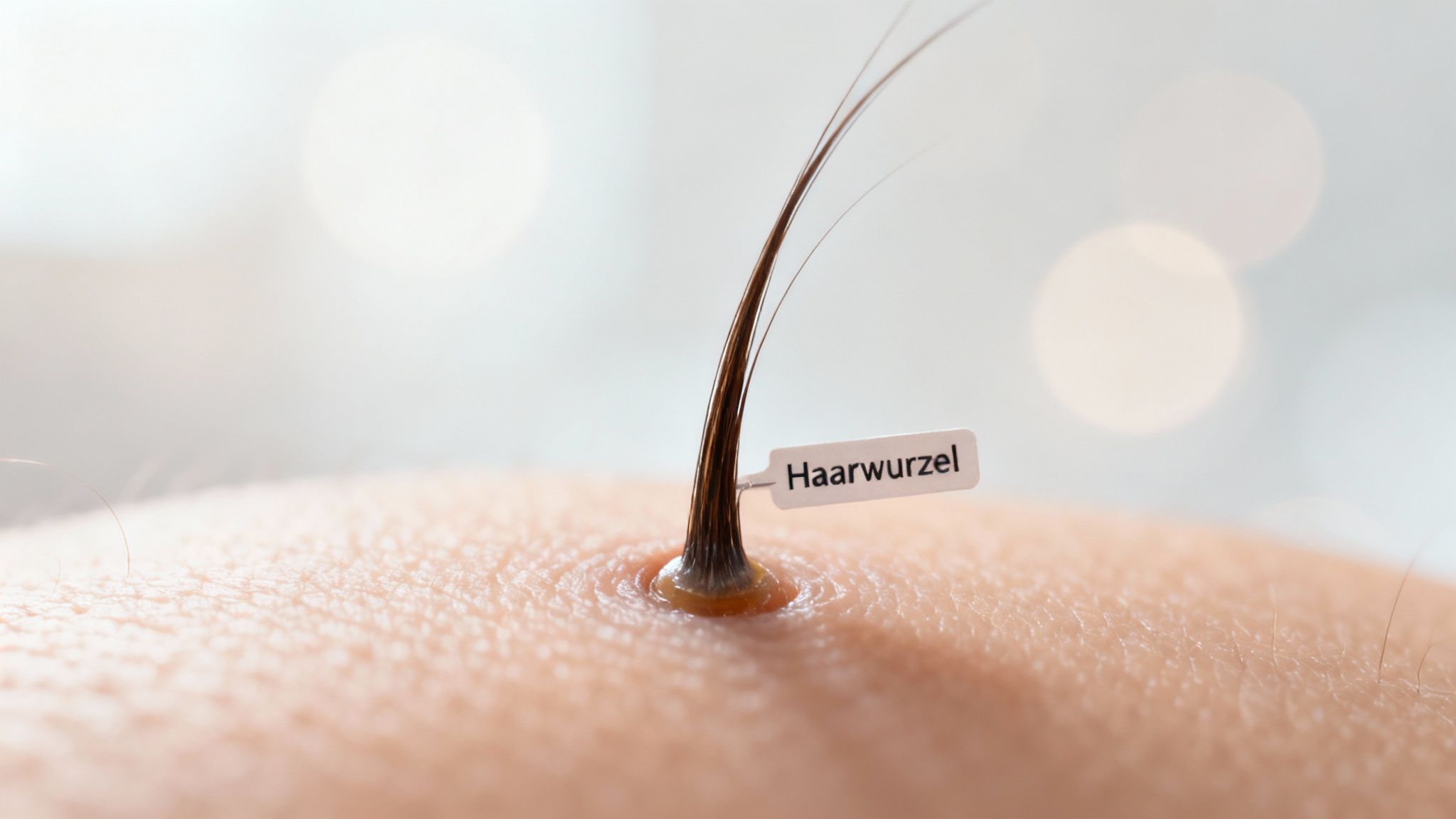 Nahaufnahme einer menschlichen Haut mit einer deutlich sichtbaren Haarwurzel, beschriftet als 'Haarwurzel'.