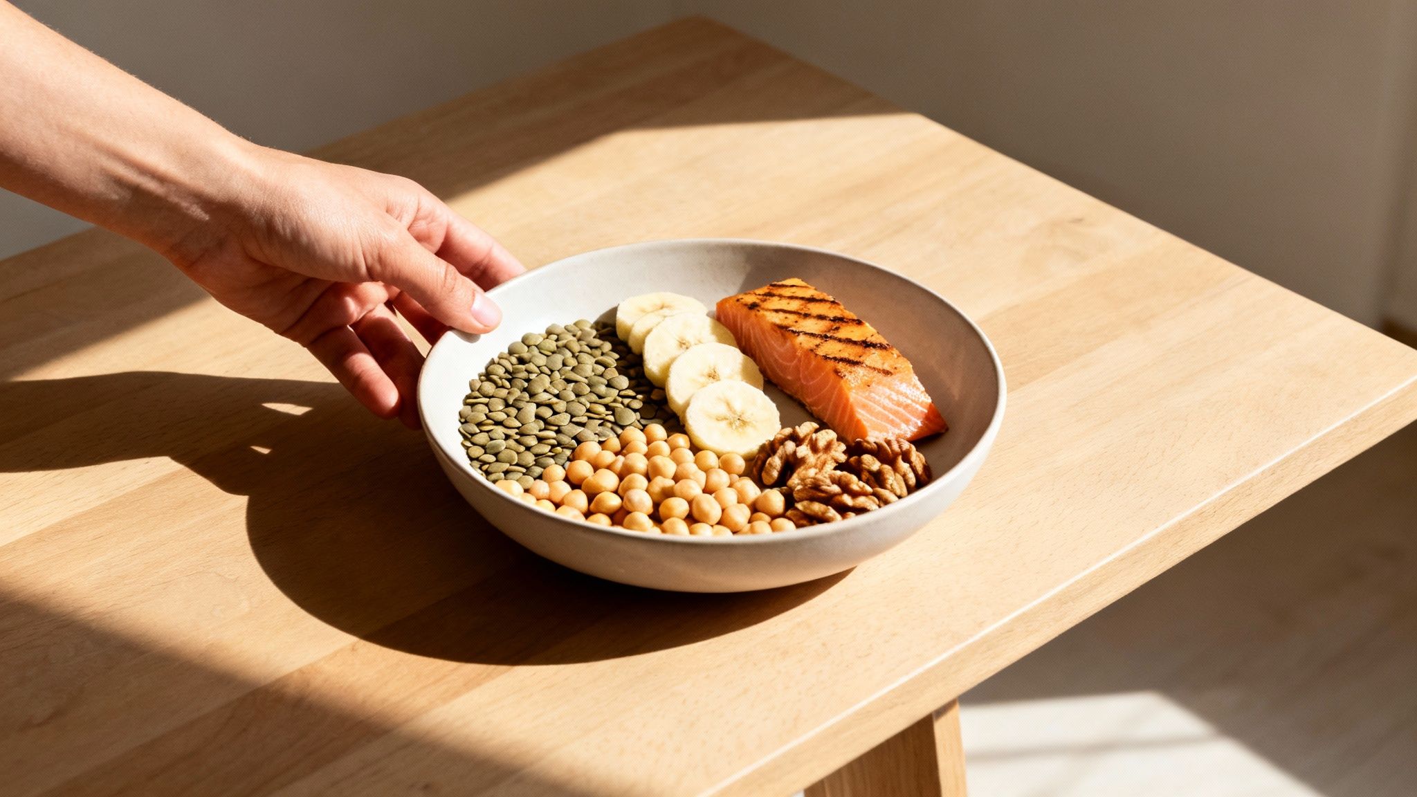 Eine Auswahl gesunder Lebensmittel, darunter Fisch, Nüsse und Gemüse, die reich an Vitamin B6 sind.