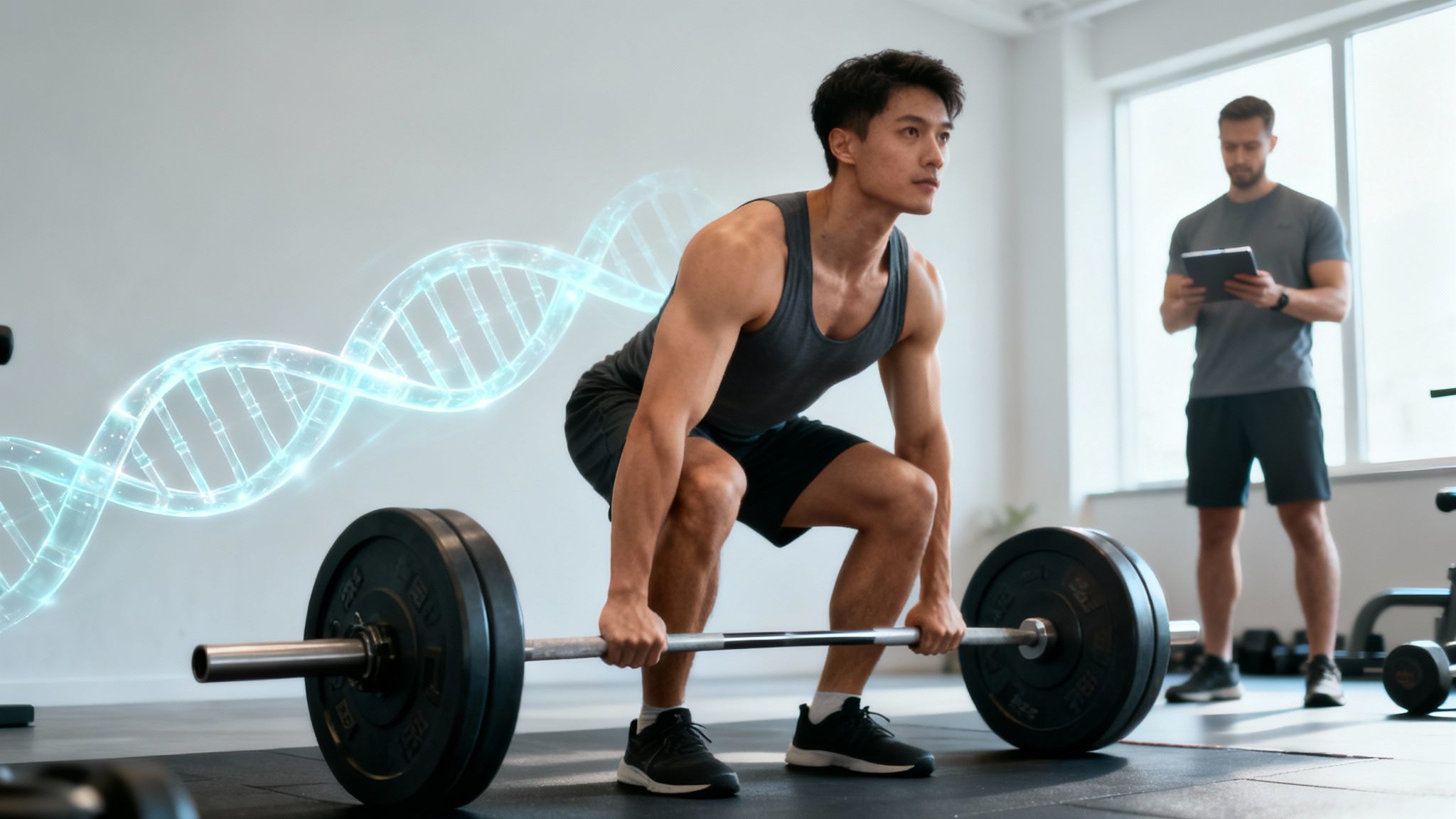 A man lifts weights in the gym, accompanied by a trainer and a DNA graph that links genetics and training.