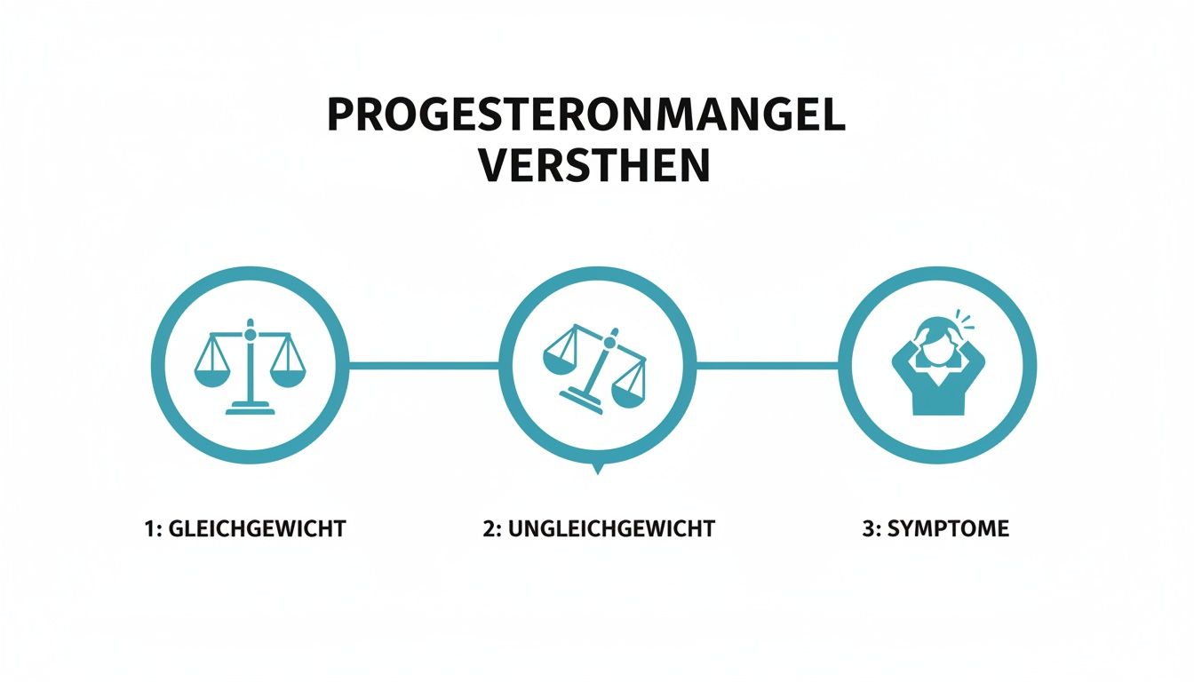 Flussdiagramm zum Verstehen von Progesteronmangel, zeigt Weg von Gleichgewicht über Ungleichgewicht zu Symptomen.