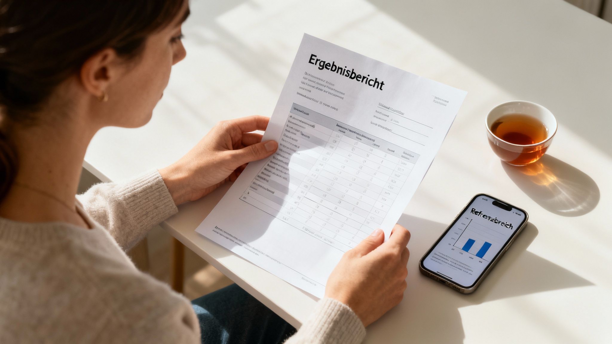 Eine Frau liest einen Ergebnisbericht zu einem Hormontest, mit einem Smartphone und einer Tasse Tee auf dem Tisch.