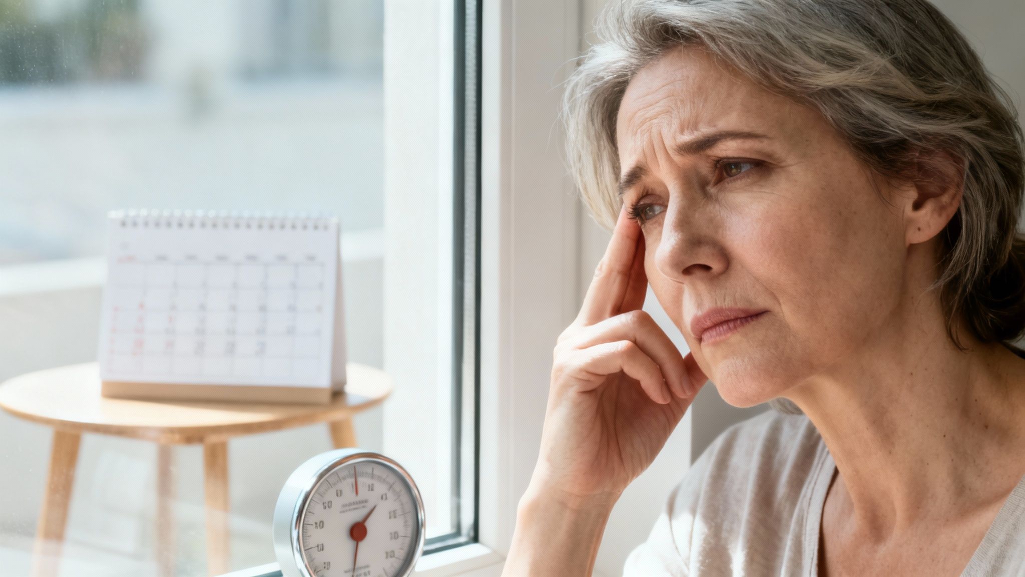 Nachdenkliche ältere Frau mit grauen Haaren sitzt am Fenster und hält sich den Kopf.