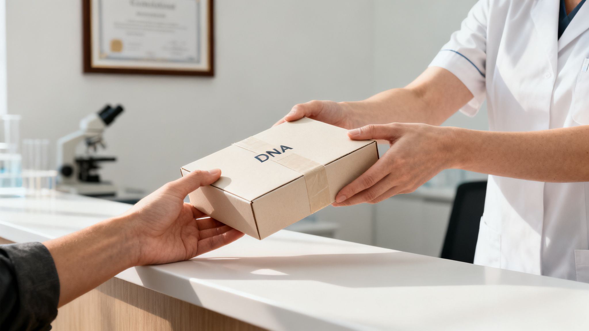 Eine Person im Laborkittel übergibt eine DNA-Box an einen Kunden. Im Hintergrund sind Laborgeräte zu sehen.