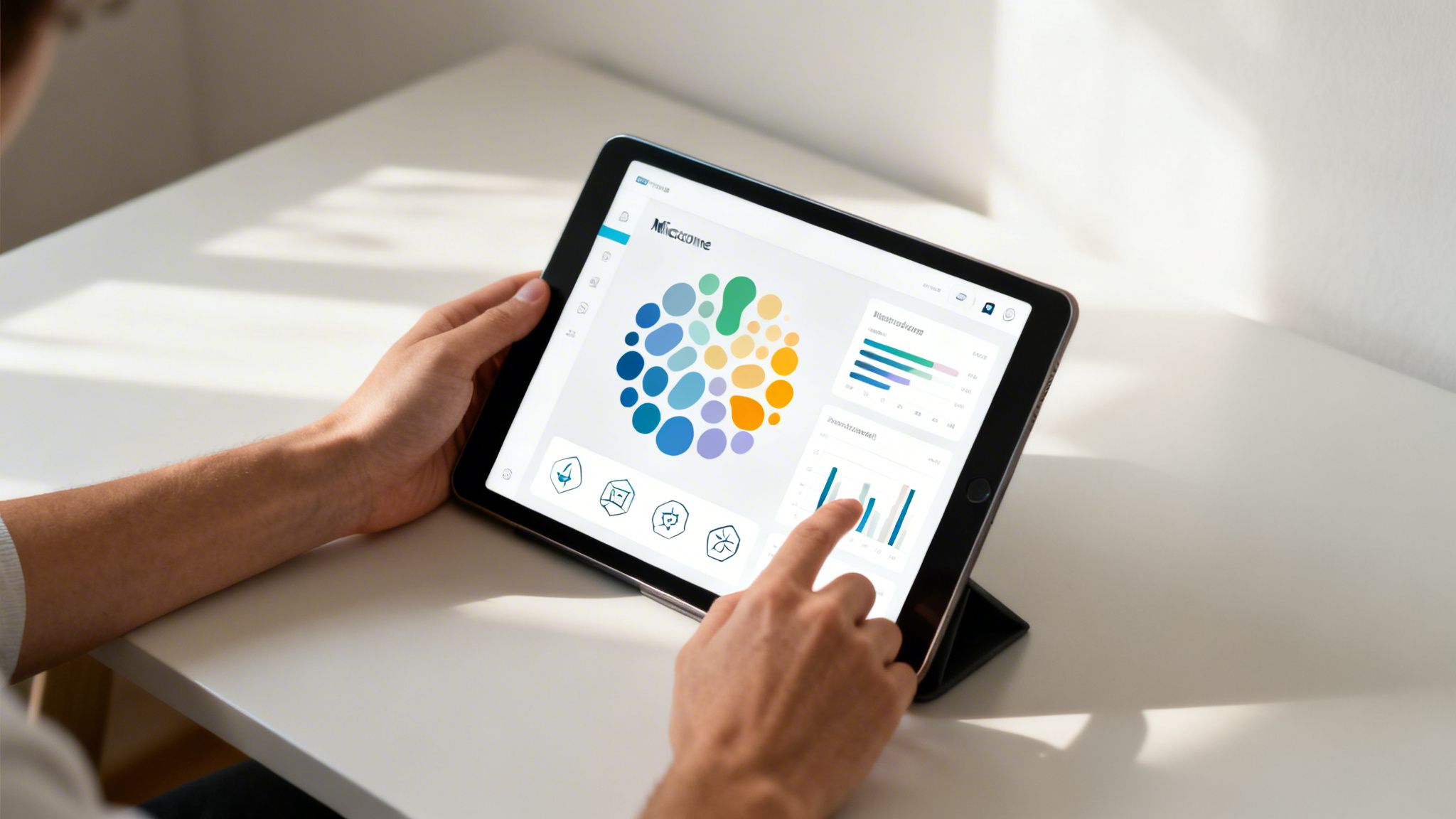 Eine Person bedient ein Tablet mit einer Datenvisualisierung und bunten Charts zum Thema Darmgesundheit.