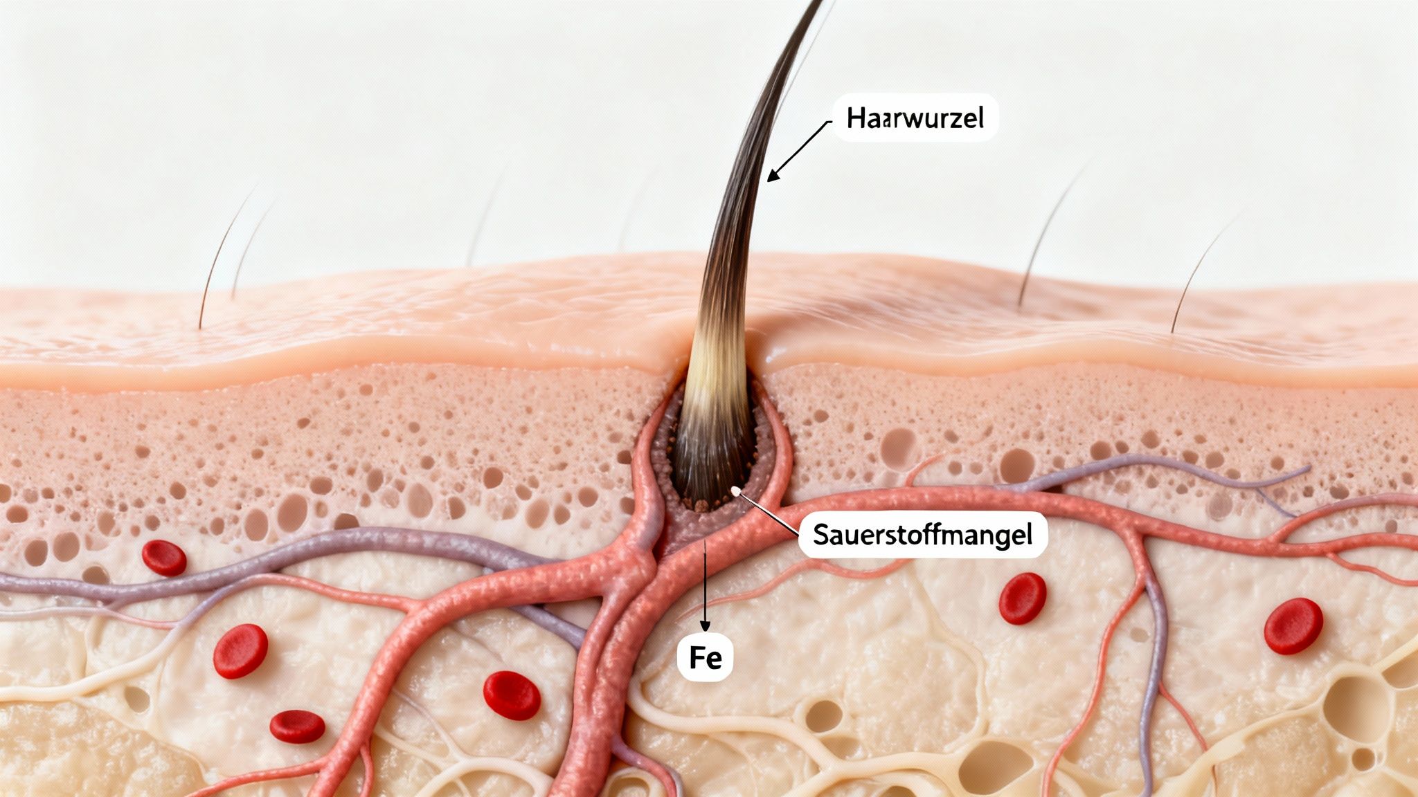 Querschnitt der Haut mit Haarwurzel, Blutgefäßen und roten Blutkörperchen. Beschriftungen weisen auf Sauerstoffmangel und Eisen (Fe) hin.