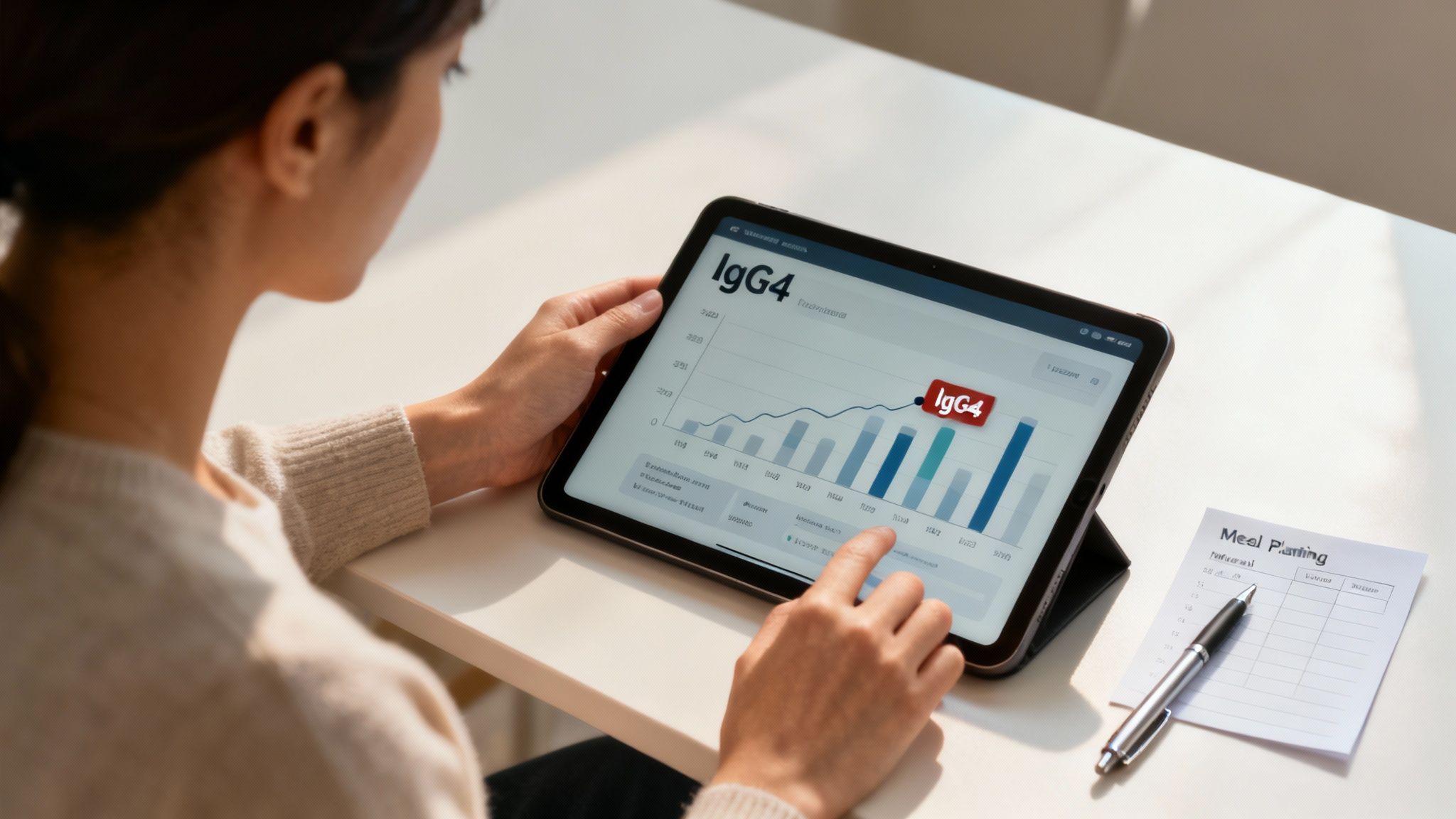 Eine Person schaut auf einen digitalen Ergebnisbericht eines Gesundheitstests auf einem Tablet.