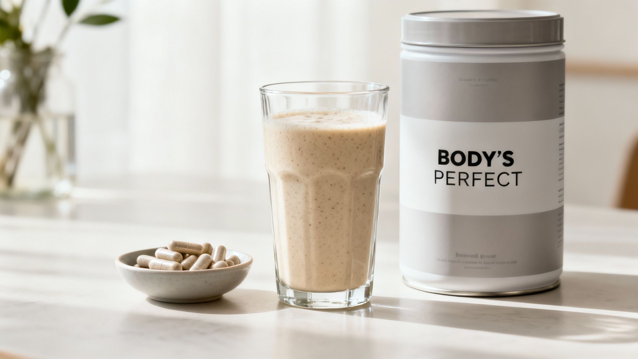 Eine Frau hält einen Shake von BODY'S PERFECT in der Hand, um ihre Diät zu unterstützen