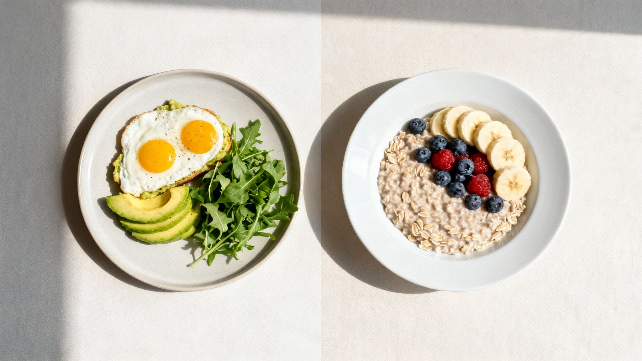 Zwei gesunde Frühstücksoptionen auf weißem Tisch: Avocado-Toast mit Spiegeleiern und Haferbrei mit Beeren.