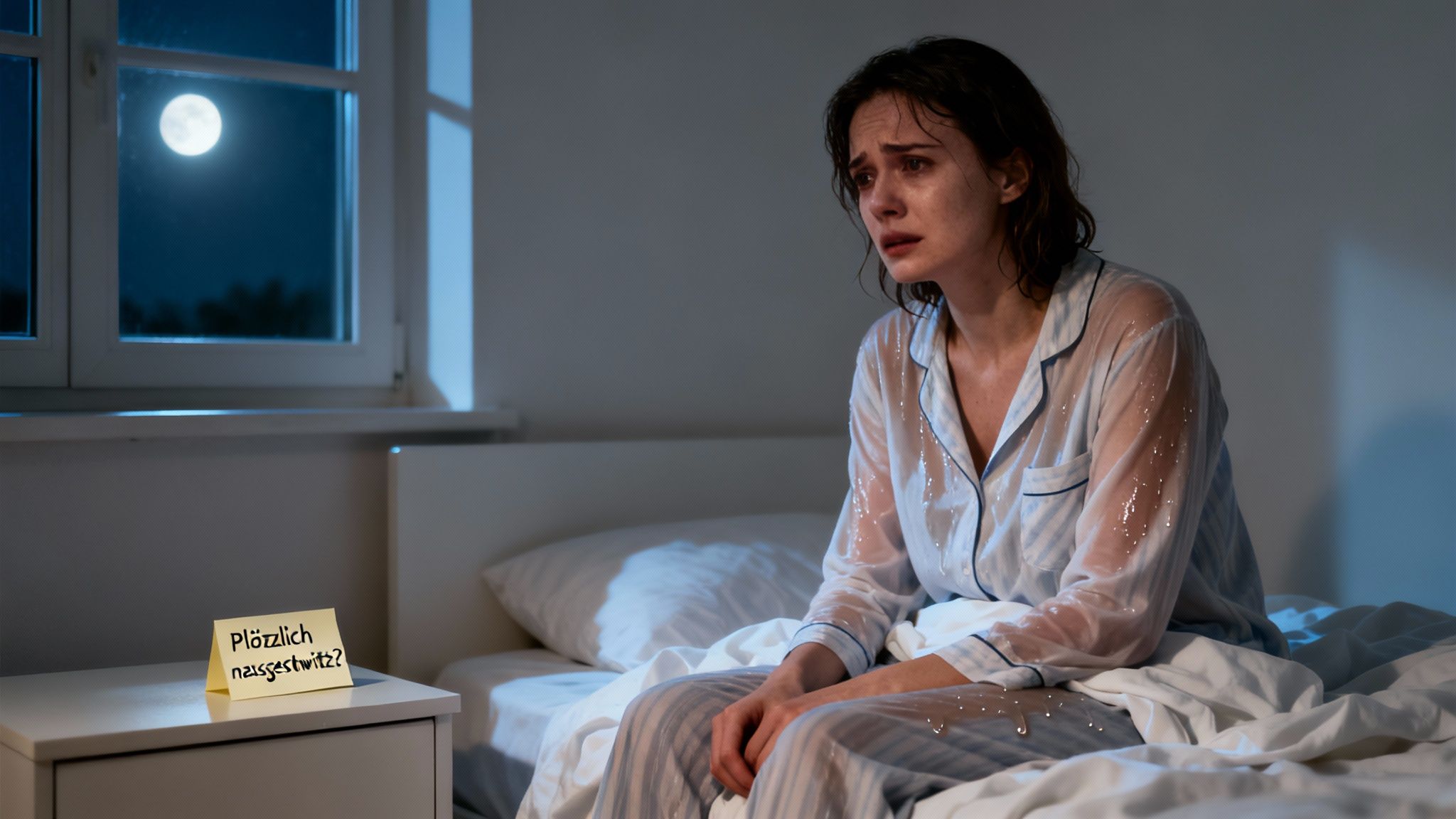 Eine junge Frau sitzt nachts weinend und schweißgebadet im Bett, der Vollmond leuchtet durchs Fenster.