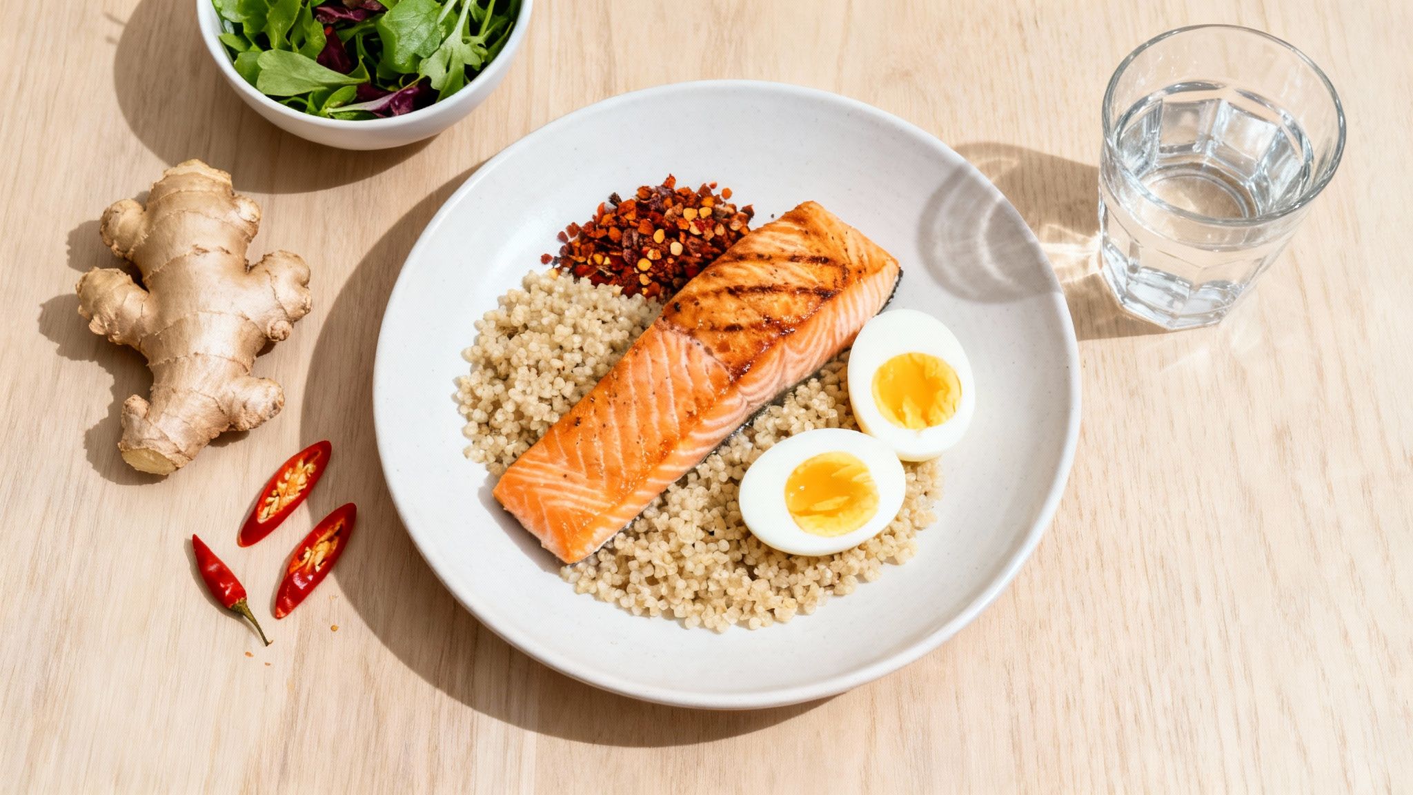 Gesunde Mahlzeit mit gegrilltem Lachs, Couscous, Eiern, Salat, Ingwer und Chilischoten auf Holztisch.