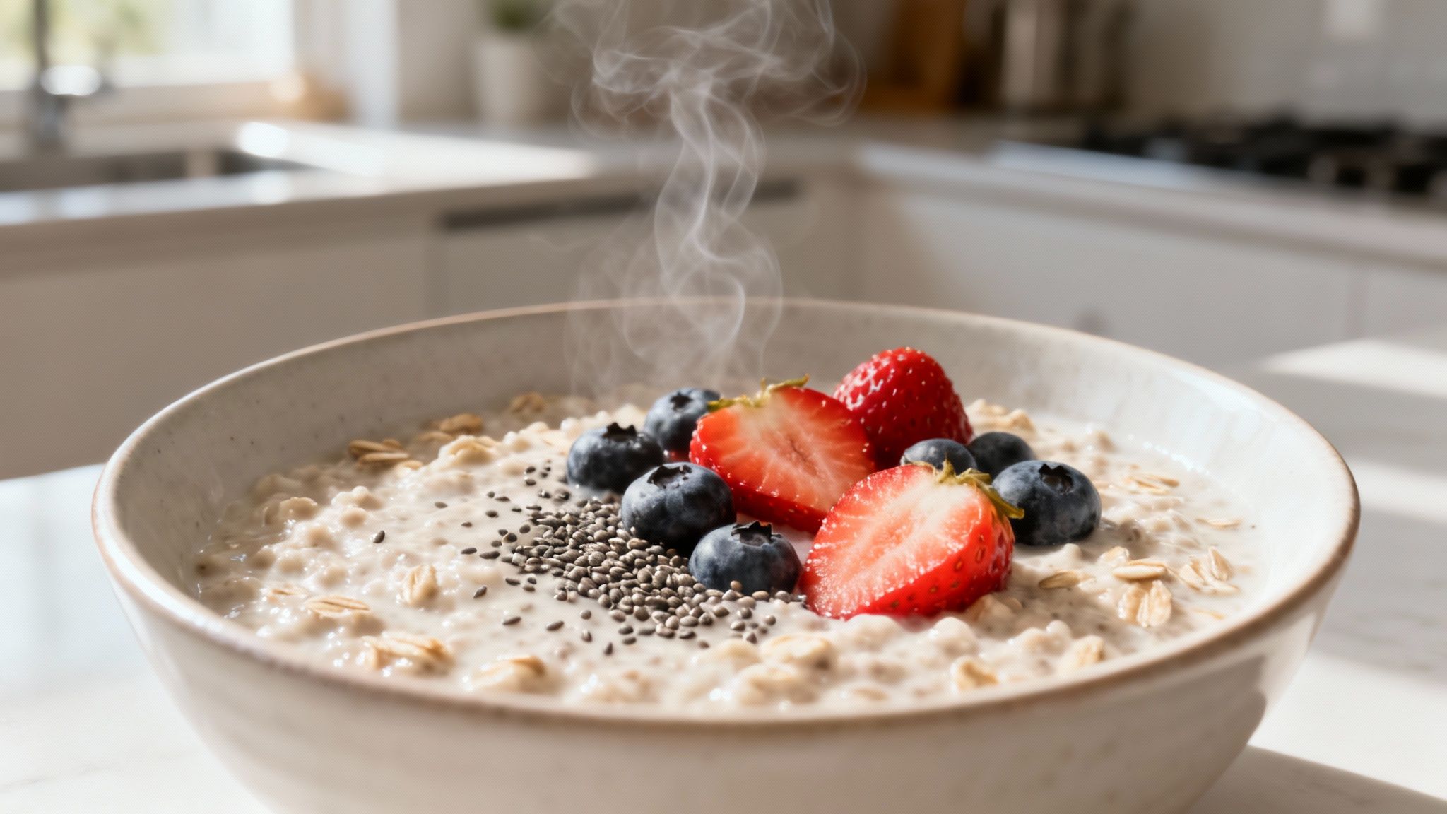 Eine Schüssel mit Haferflocken, garniert mit frischen Beeren und Nüssen.