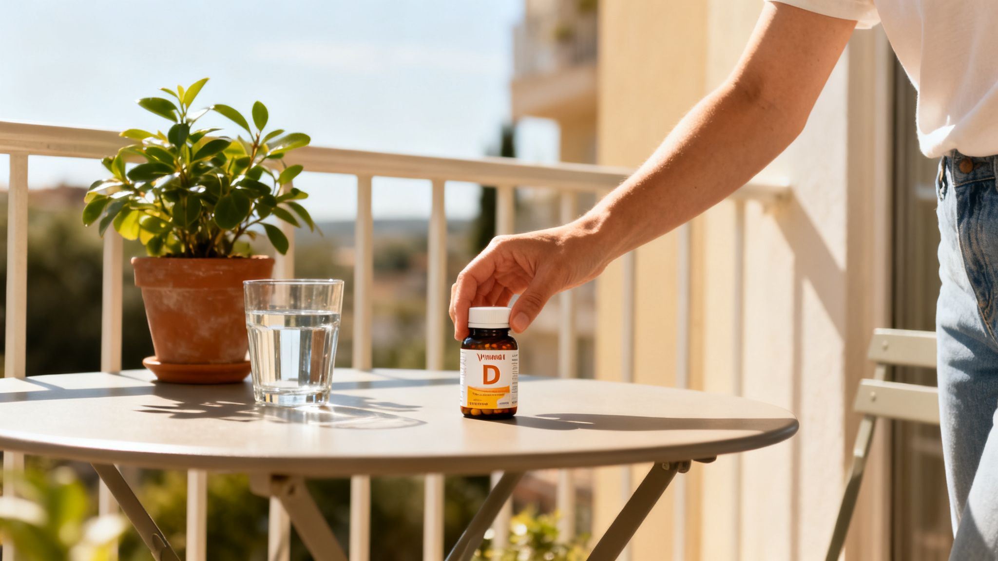 Person nimmt Vitamin-D-Pillen auf sonnigem Balkon mit Glas Wasser und Topfpflanze.