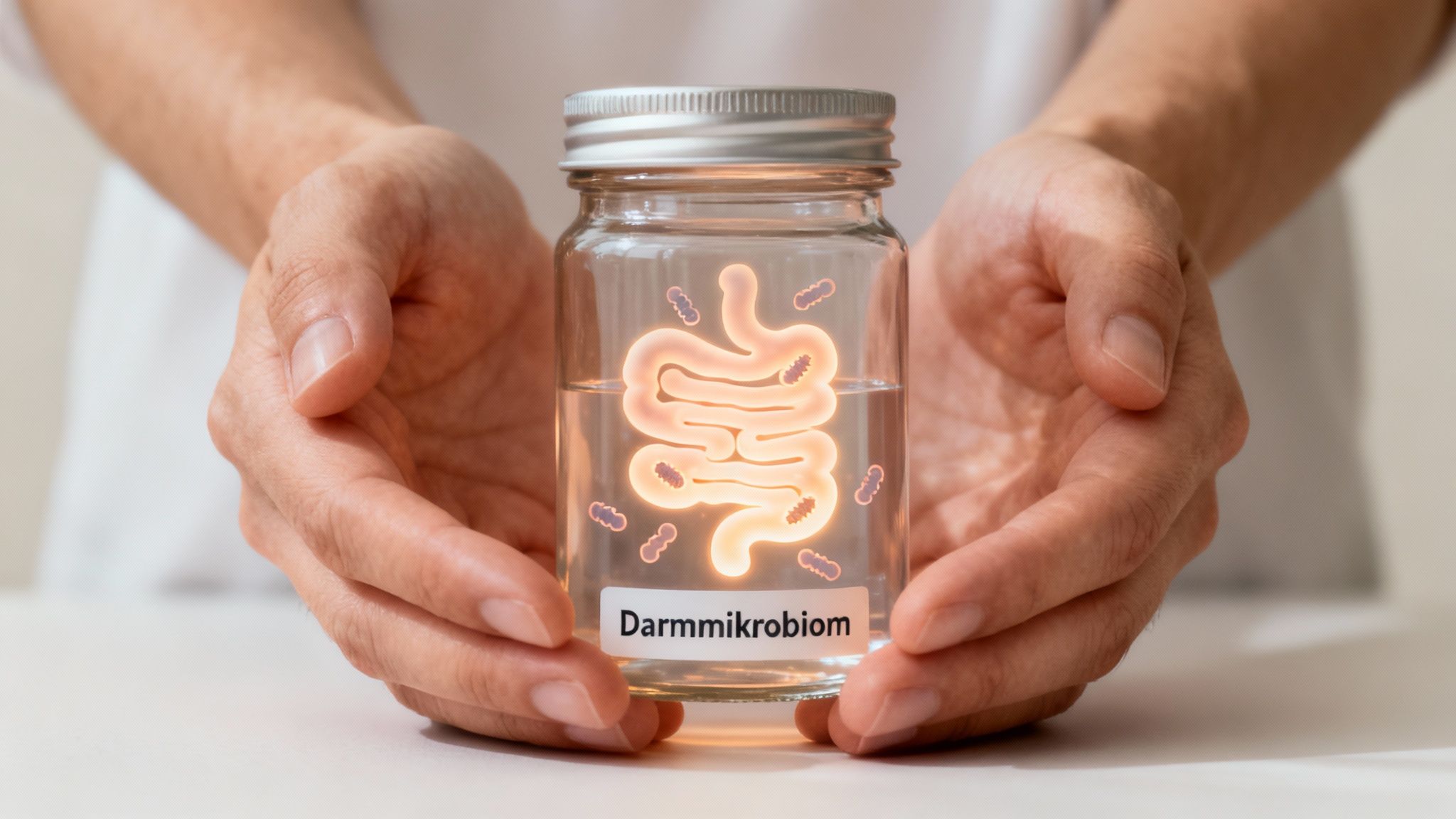Hände halten ein Glas mit Leuchtdarstellung des Darms und Mikroorganismen, beschriftet mit 'Darmmikrobiom'.