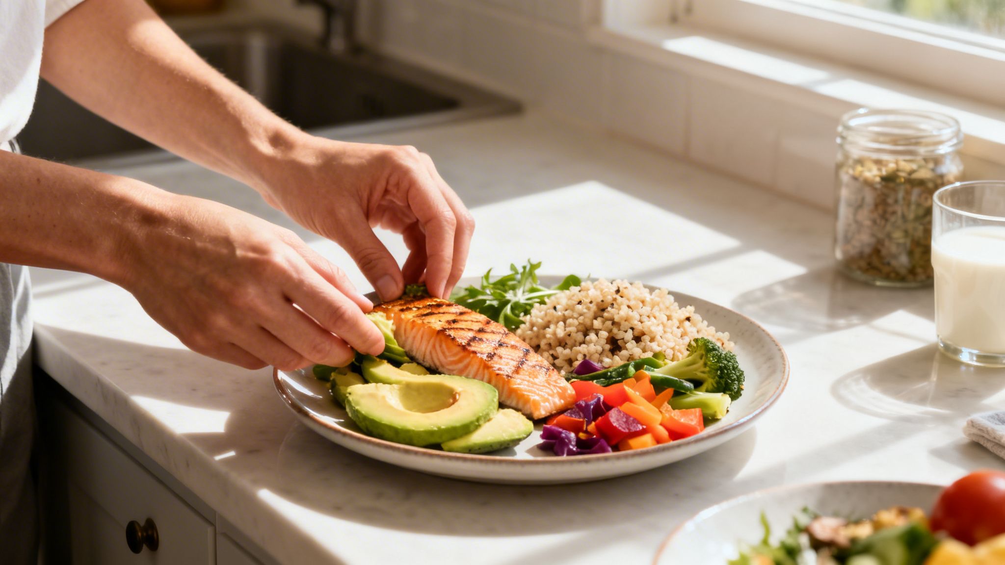 Eine Person richtet eine gesunde Mahlzeit mit Lachs, Avocado, Quinoa und Gemüse in einer Küche an.