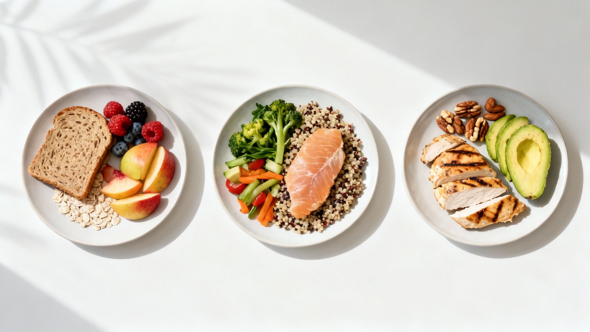 Eine Auswahl gesunder Lebensmittel wie Obst, Gemüse und Nüsse, die für verschiedene Stoffwechseltypen geeignet sind.