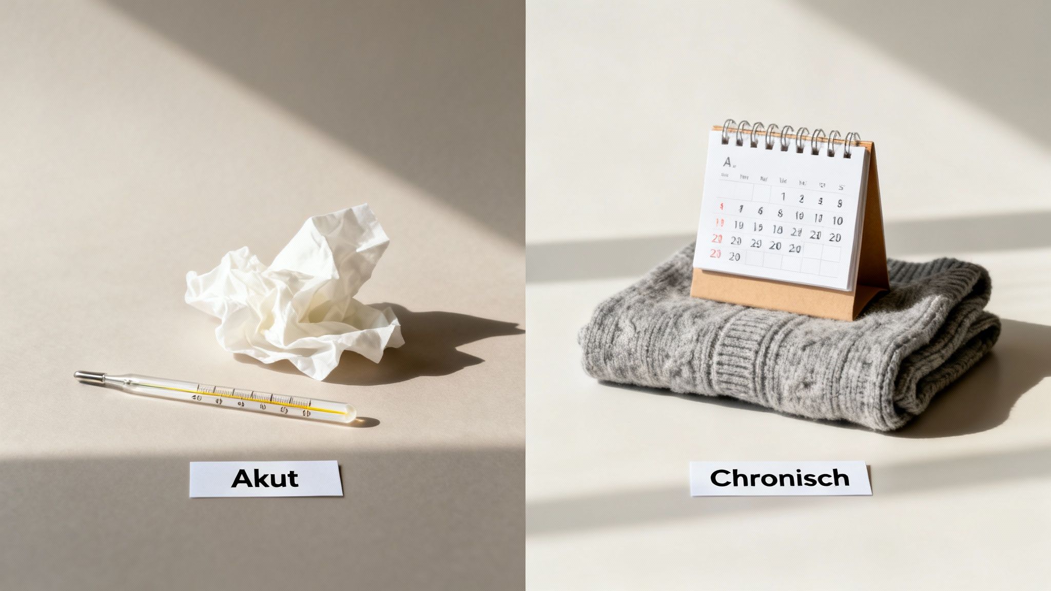 Quecksilberthermometer, zerknülltes Taschentuch, Kalender und Pullover als Symbole für akute und chronische Krankheiten.