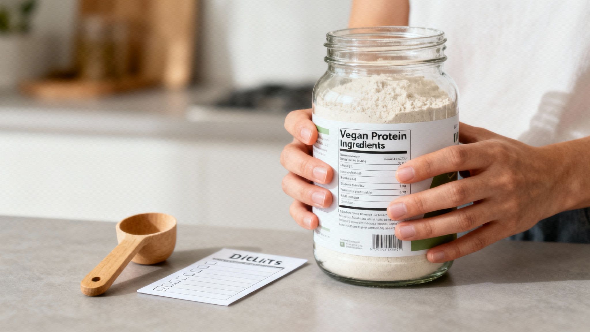 Eine Person bereitet einen veganen Proteinshake in einer modernen Küche zu.