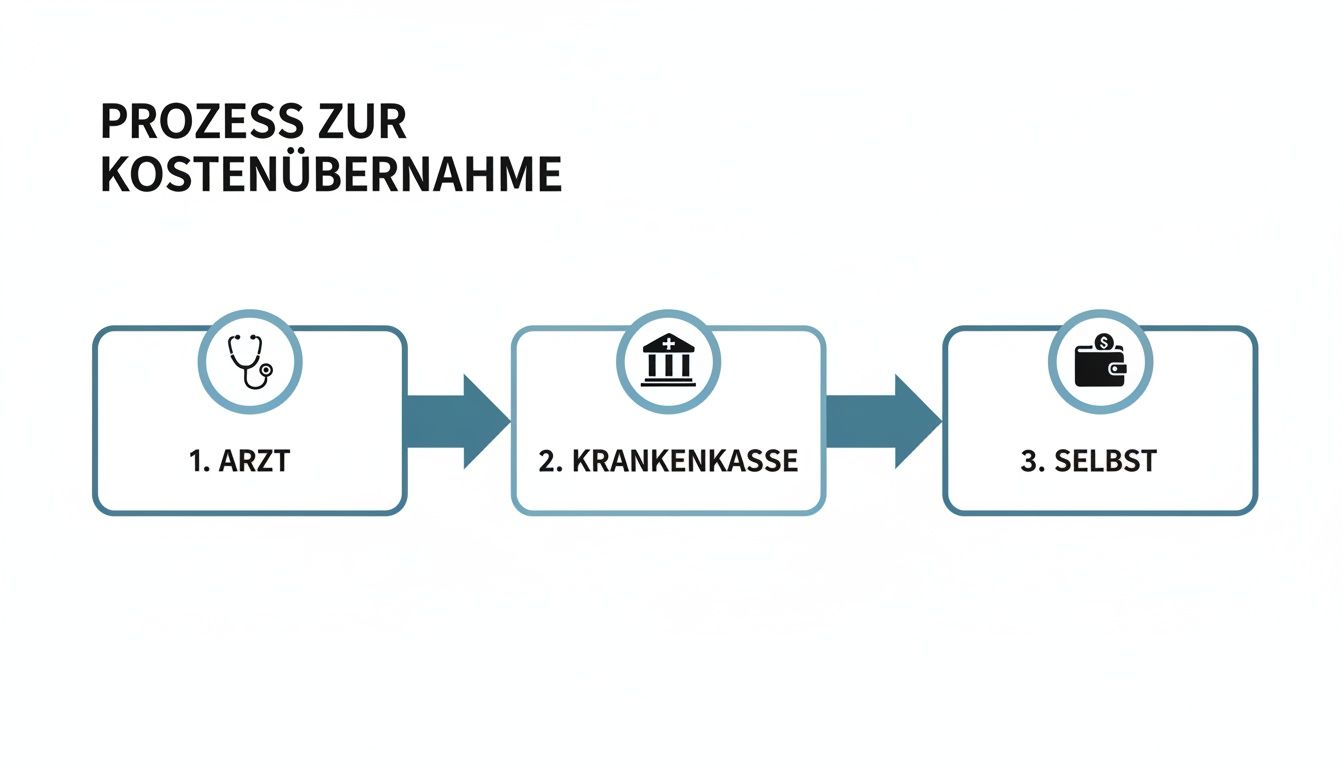 The flowchart shows the process for cost coverage: 1. Doctor, 2. Health insurance company, 3. Self-pay.