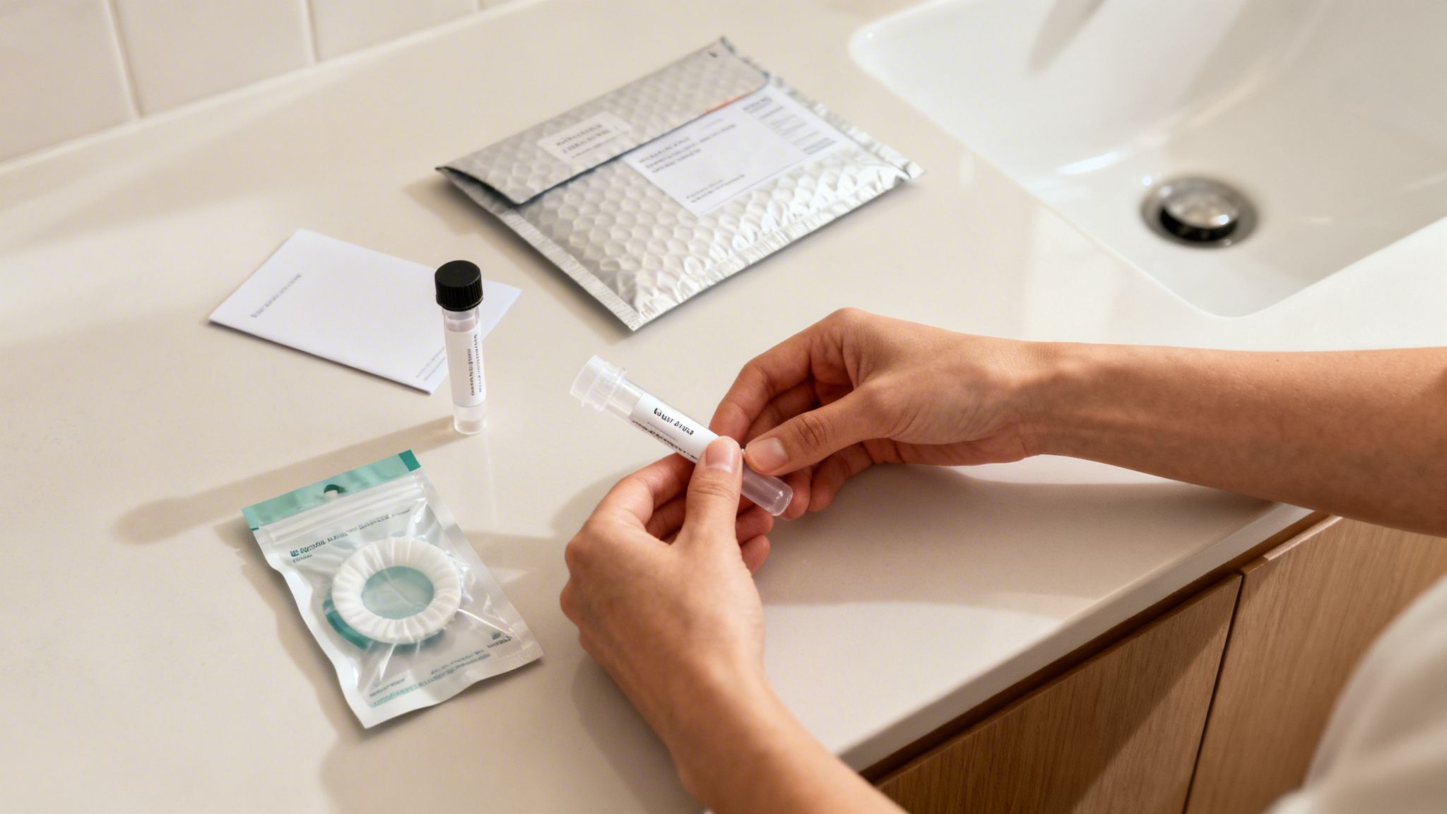 Una persona tiene in mano una provetta contenente un campione prelevato durante un esame della salute intestinale, appoggiandola su una superficie di lavoro chiara.