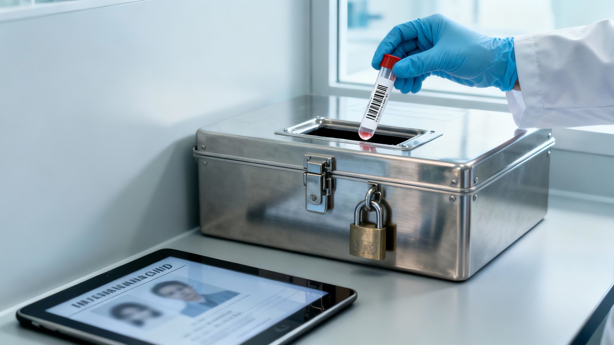 Una mano con guante coloca un tubo de muestra de sangre en una caja metálica segura; al lado, una tableta en el laboratorio.