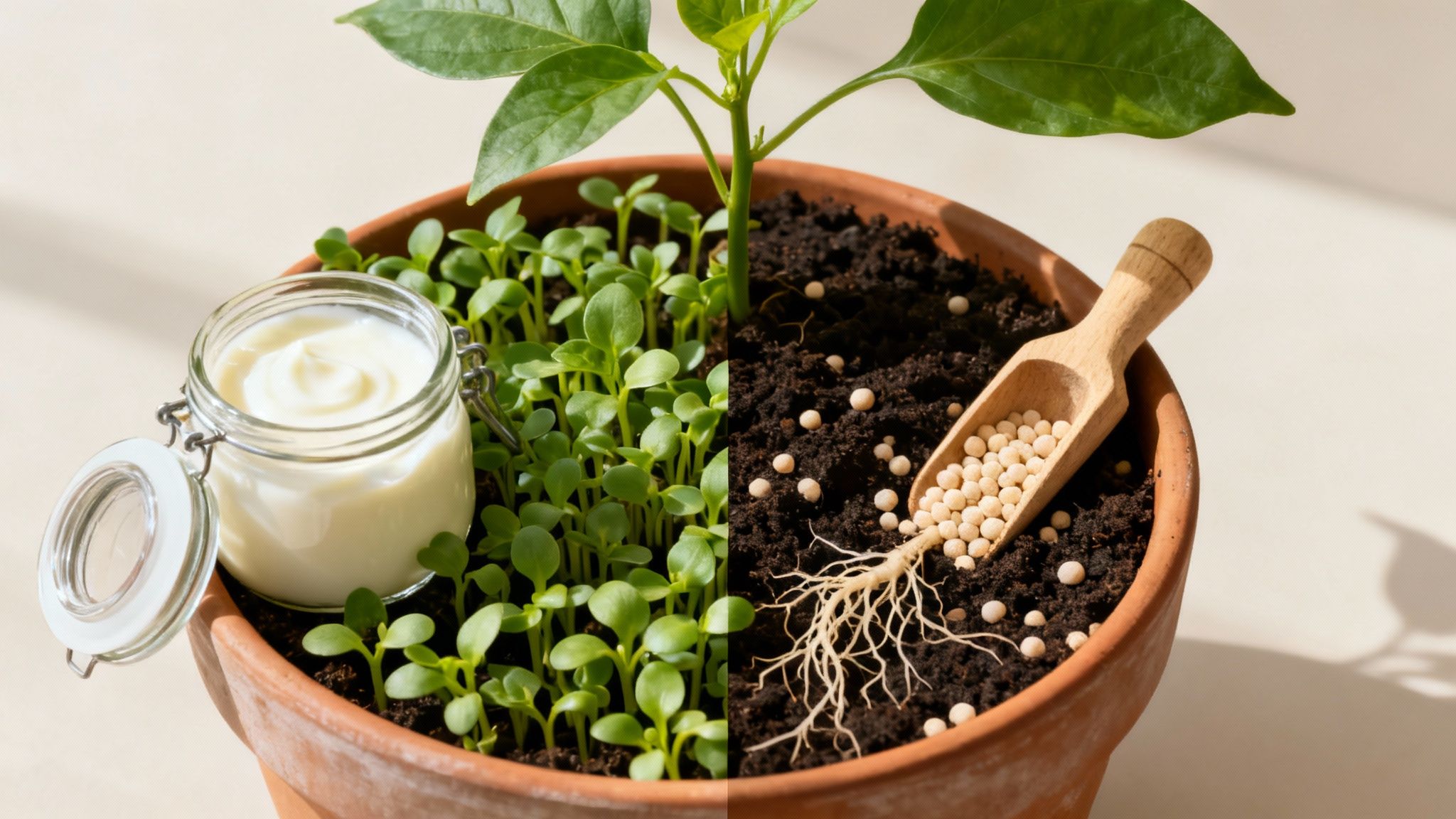 Blumentopf mit Pflanzen, Erde, Dünger, einem Holzlöffel und einem Glas Joghurt, das Wachstum symbolisiert.