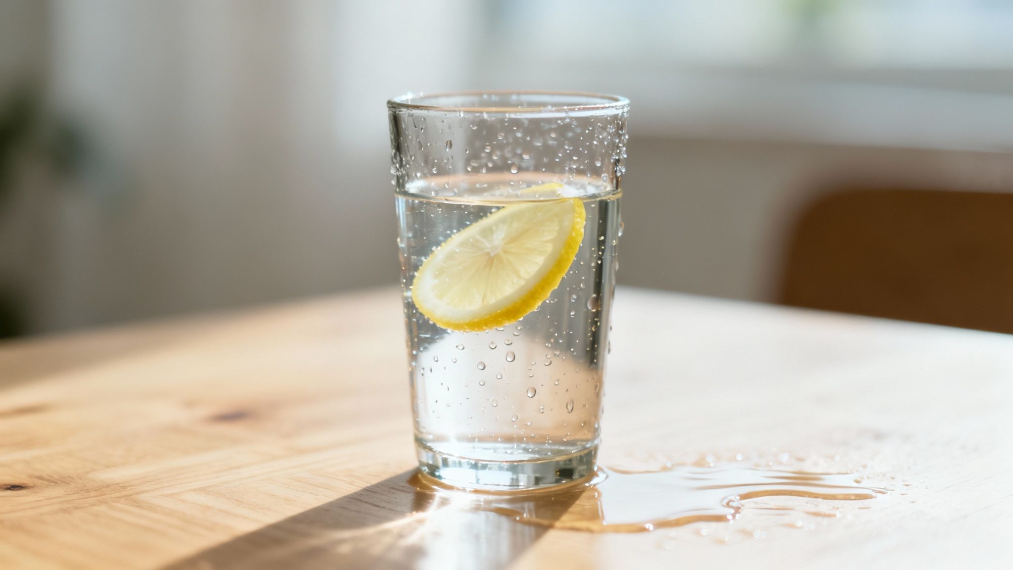 Ein Glas Wasser mit Zitronenscheibe steht auf einem Holztisch, umgeben von Wassertropfen.
