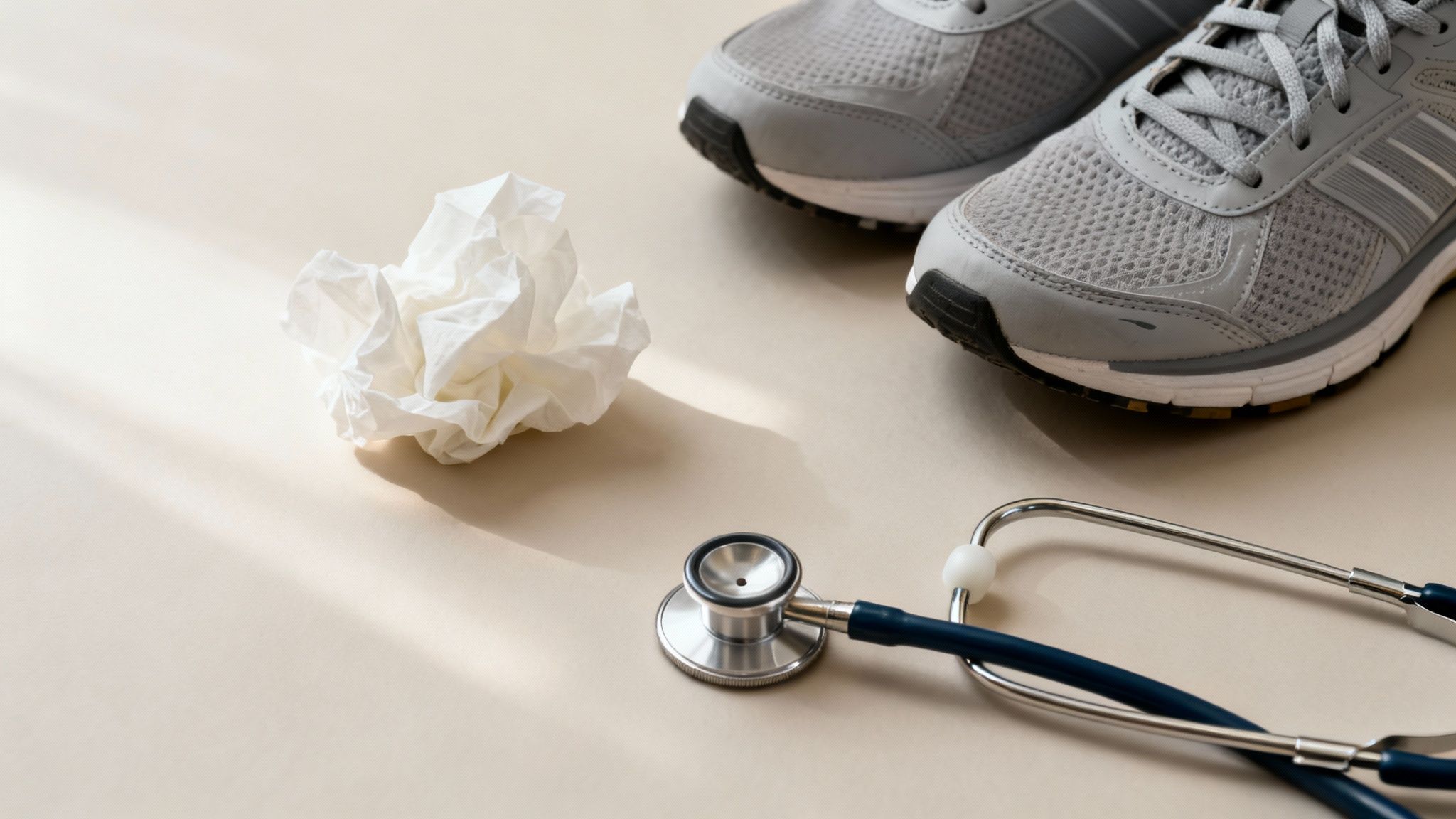 Ein zerknülltes Taschentuch, ein Stethoskop und Laufschuhe auf hellem Hintergrund symbolisieren Gesundheit und Genesung.