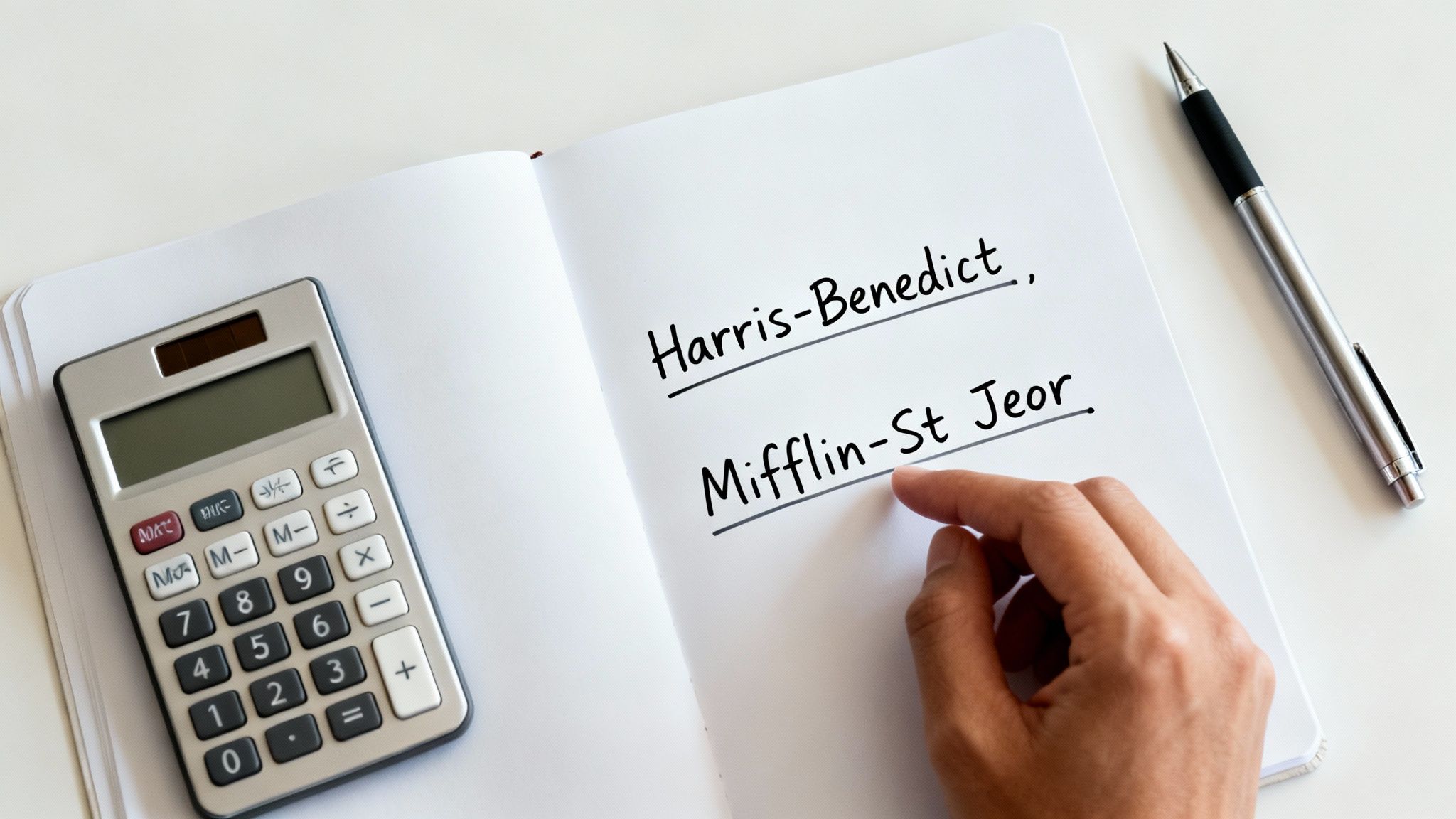 Ein Notizbuch mit Kalorienformeln Harris-Benedict und Mifflin-St Jeor, einem Taschenrechner und einem Stift.