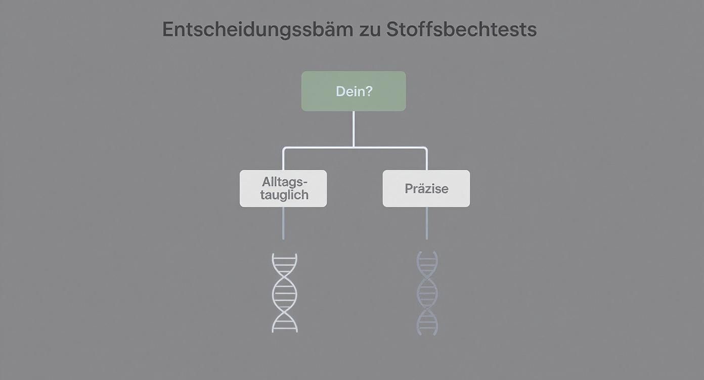 Ein Entscheidungsbaum für Stoffwechseltests vergleicht alltagstaugliche und präzise Optionen, illustriert mit DNA-Symbolen.