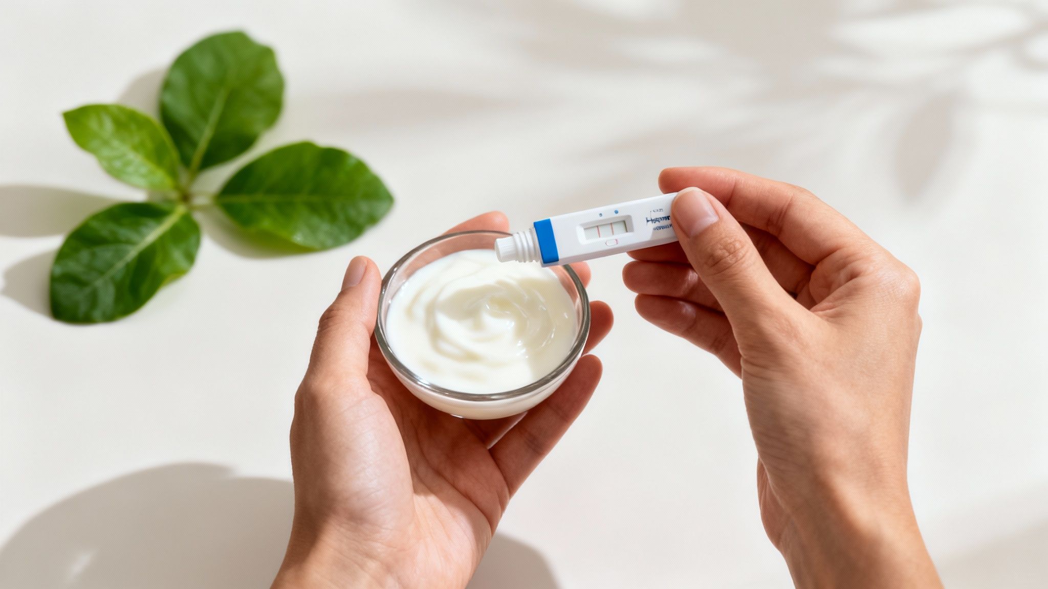 Hände geben Flüssigkeit aus einem Hormonanalysegerät in eine Schale mit weißer Creme.