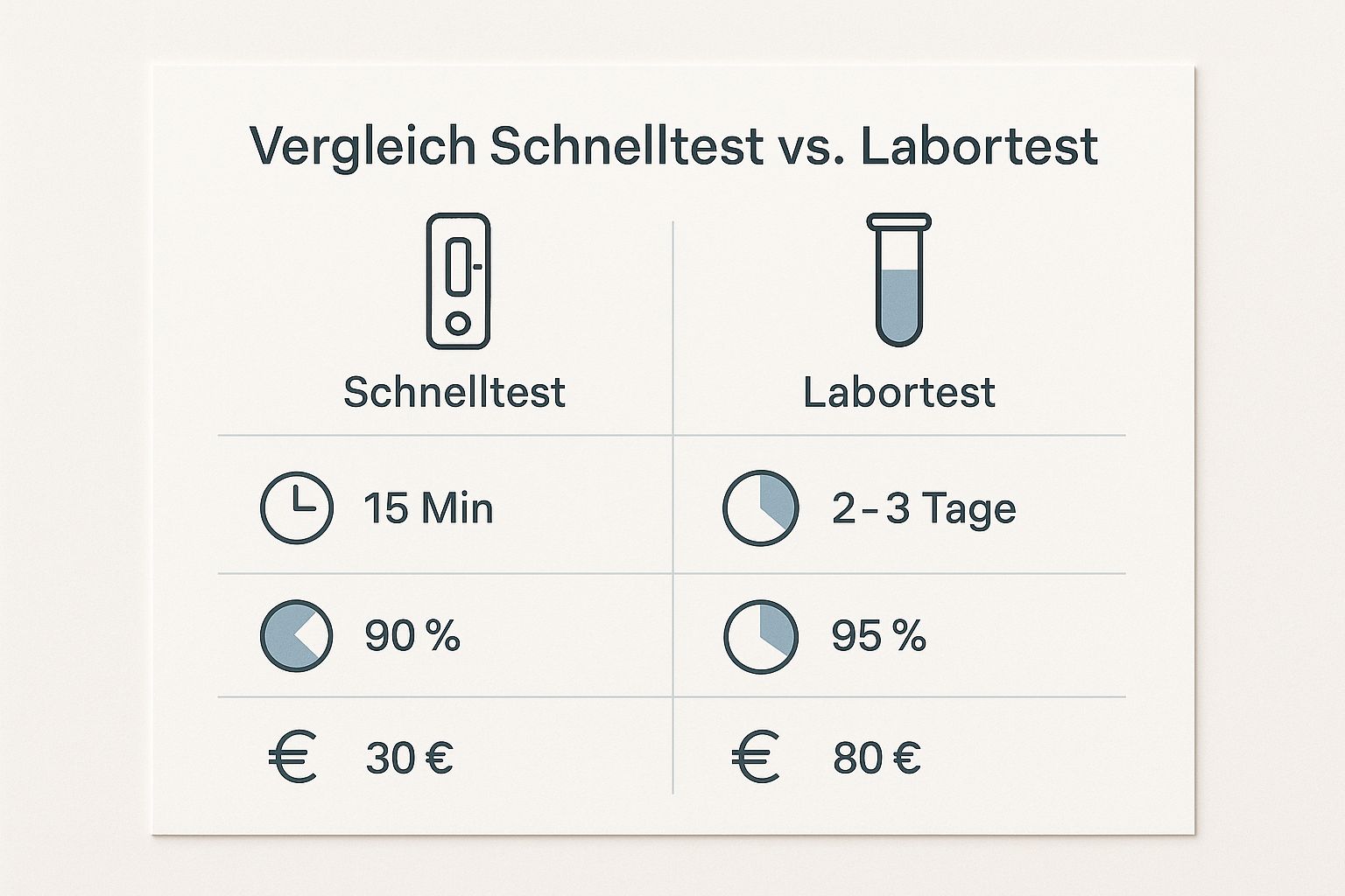 Infografik zum Vergleich von Schnelltests und Labortests für Helicobacter pylori hinsichtlich Dauer, Sensitivität und Kosten.