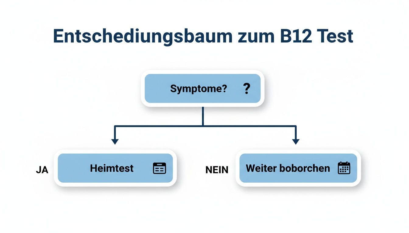 Entscheidungsbaum für den Vitamin B12 Test: Bei Symptomen einen Heimtest durchführen, ansonsten weiter beobachten.