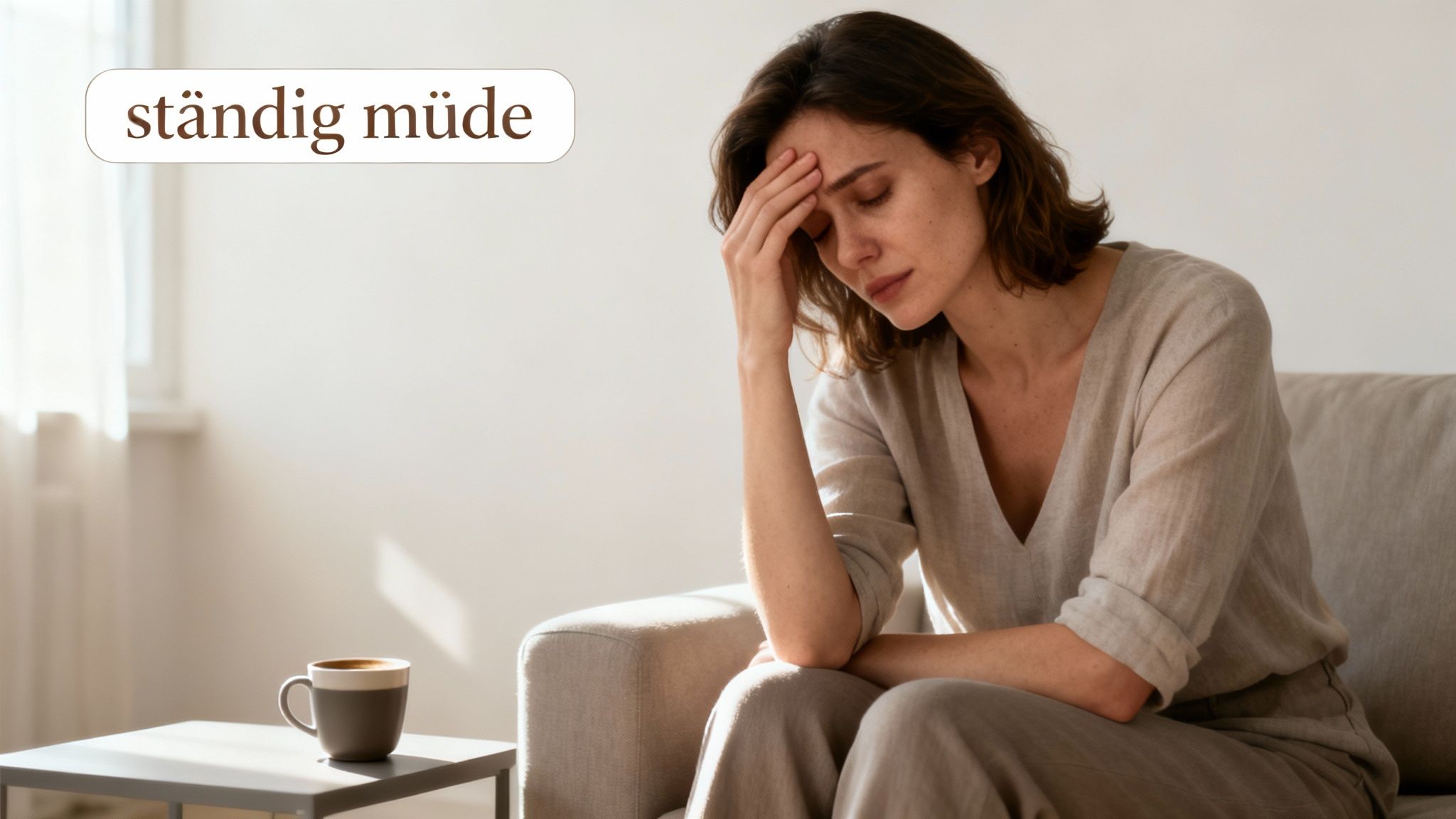Müde Frau auf dem Sofa, die ihren Kopf hält. Text: 'ständig müde'. Symbolisiert Erschöpfung.