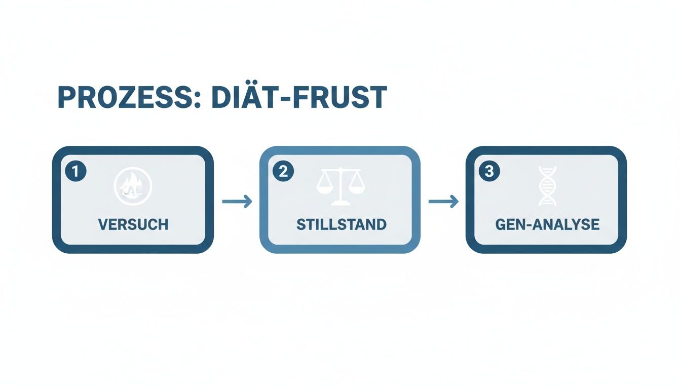 The flowchart "Process Diet Frustration" shows three steps: attempt, standstill and genetic analysis with appropriate icons.
