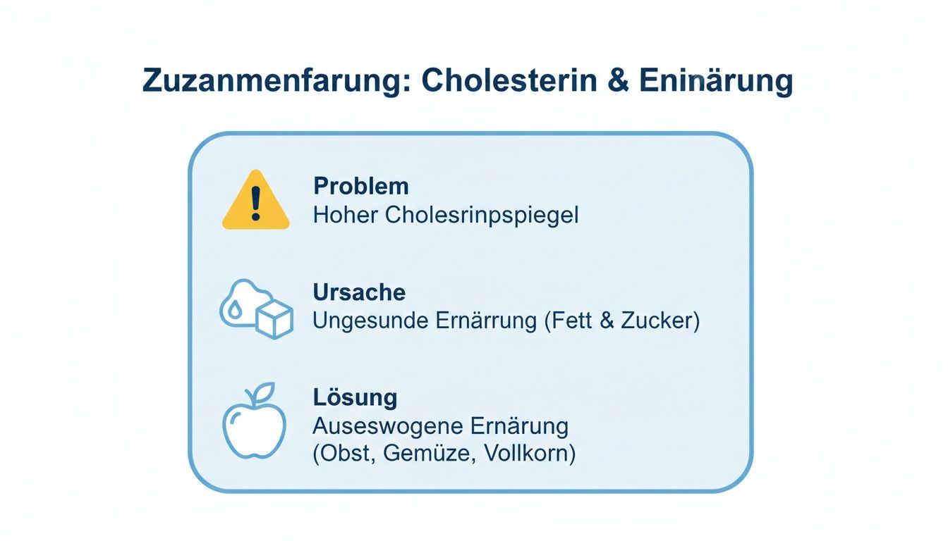 Zusammenfassung über Cholesterin und Ernährung mit Problem, Ursache (ungesunde Kost) und Lösung (ausgewogene Ernährung).
