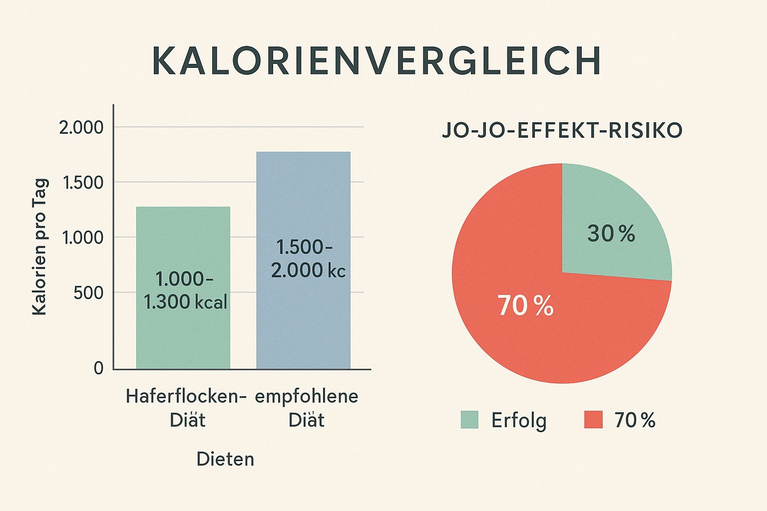 Infografik, die das niedrige Kalorienniveau der Haferflocken-Diät mit einer empfohlenen Diät vergleicht und das hohe Risiko des Jo-Jo-Effekts aufzeigt.