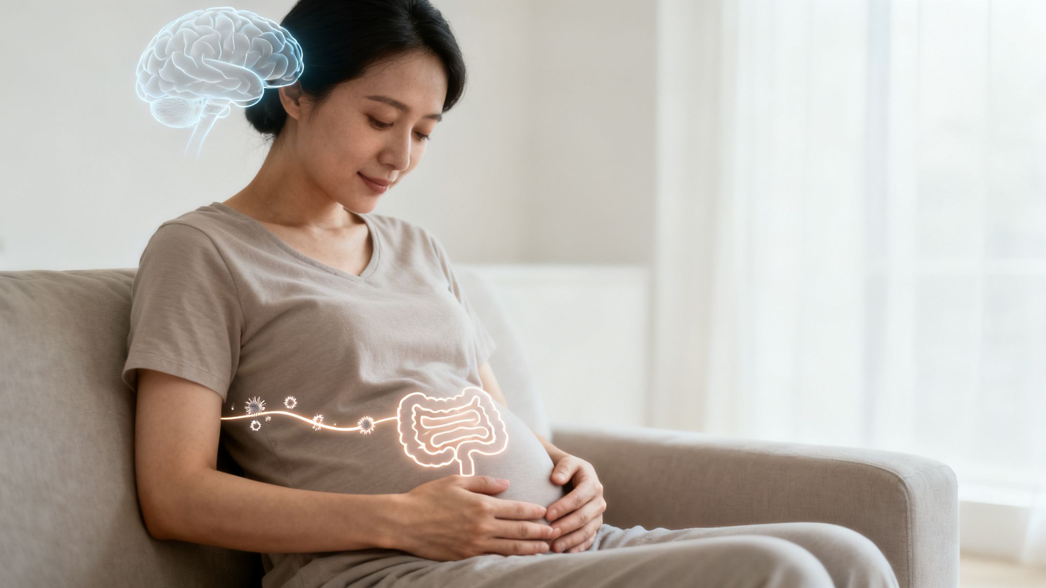 Uma mulher grávida em um sofá, segurando a barriga, com gráficos iluminados do cérebro e do intestino.