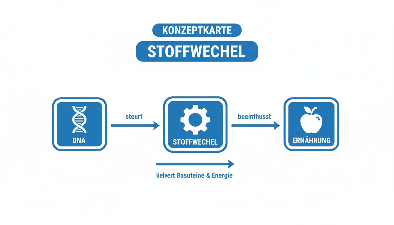 Konzeptkarte zum Stoffwechsel, die DNA als Steuerung und Ernährung als Einfluss zeigt, sowie die Lieferung von Bausteinen und Energie.