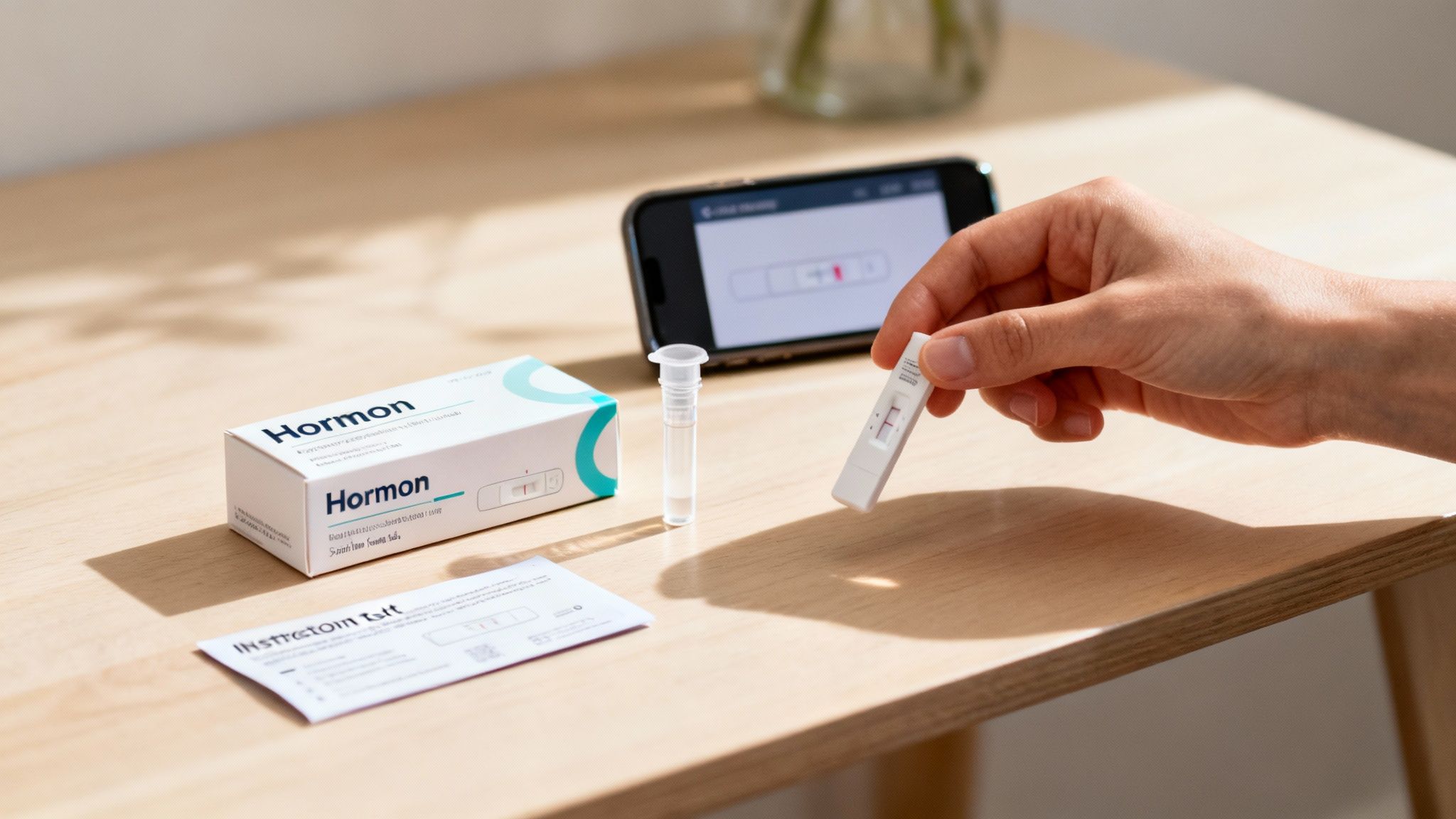 Eine Frau hält einen mybody-x Hormontest in der Hand, bereit für die Probenentnahme zu Hause.