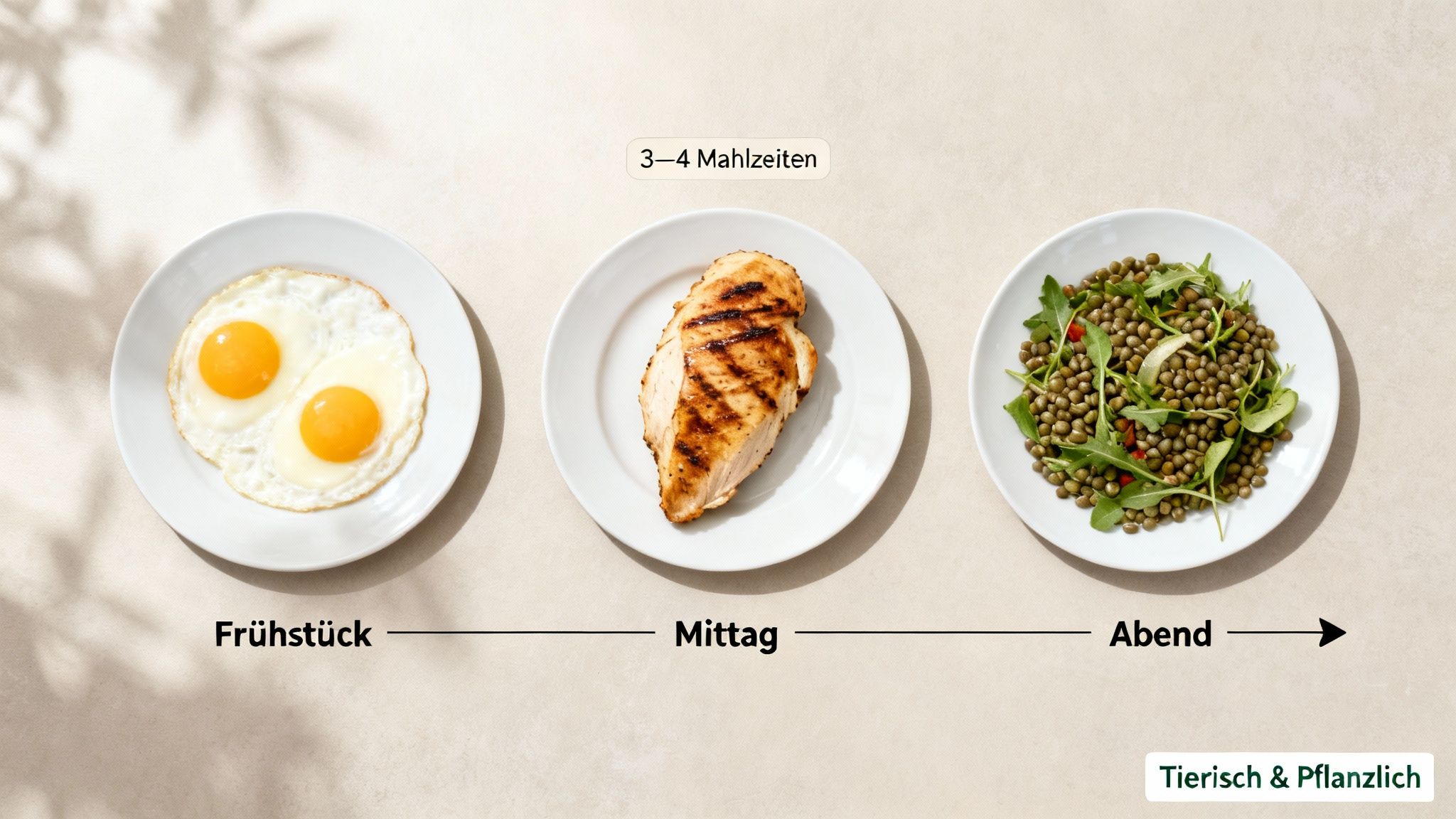 Drei Teller zeigen eine tägliche Mahlzeitenabfolge: Spiegeleier (Frühstück), gegrilltes Hähnchen (Mittag), Linsensalat (Abend).