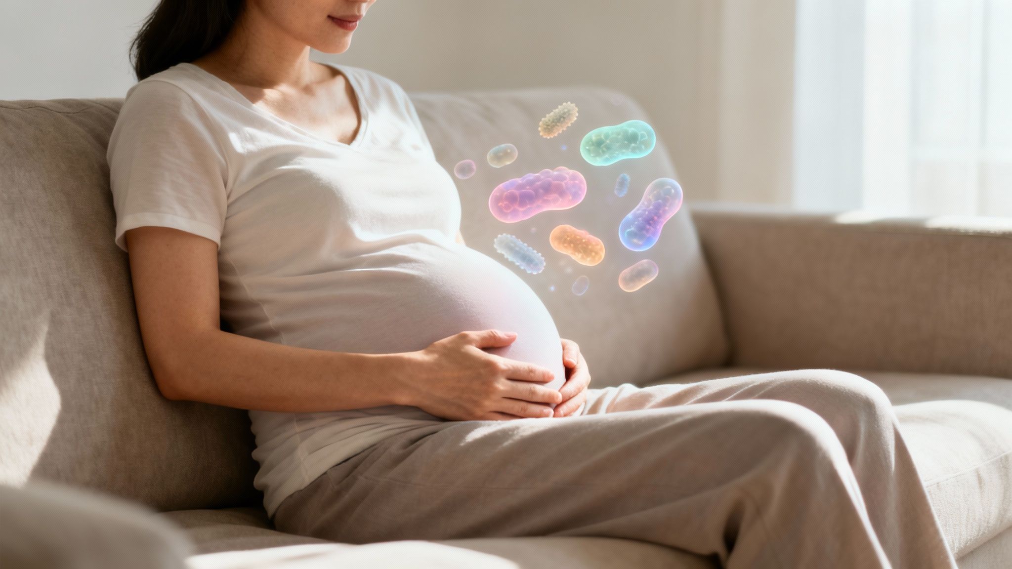 Una donna incinta è seduta su un divano, si tiene la pancia ed è circondata da batteri intestinali.