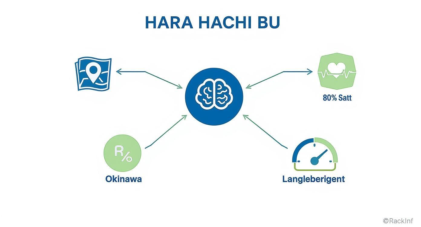 Diagramm zu 'Hara Hachi Bu' mit Gehirn, 80% Sättigung, Okinawa und Langlebigkeit als Hauptpunkten.